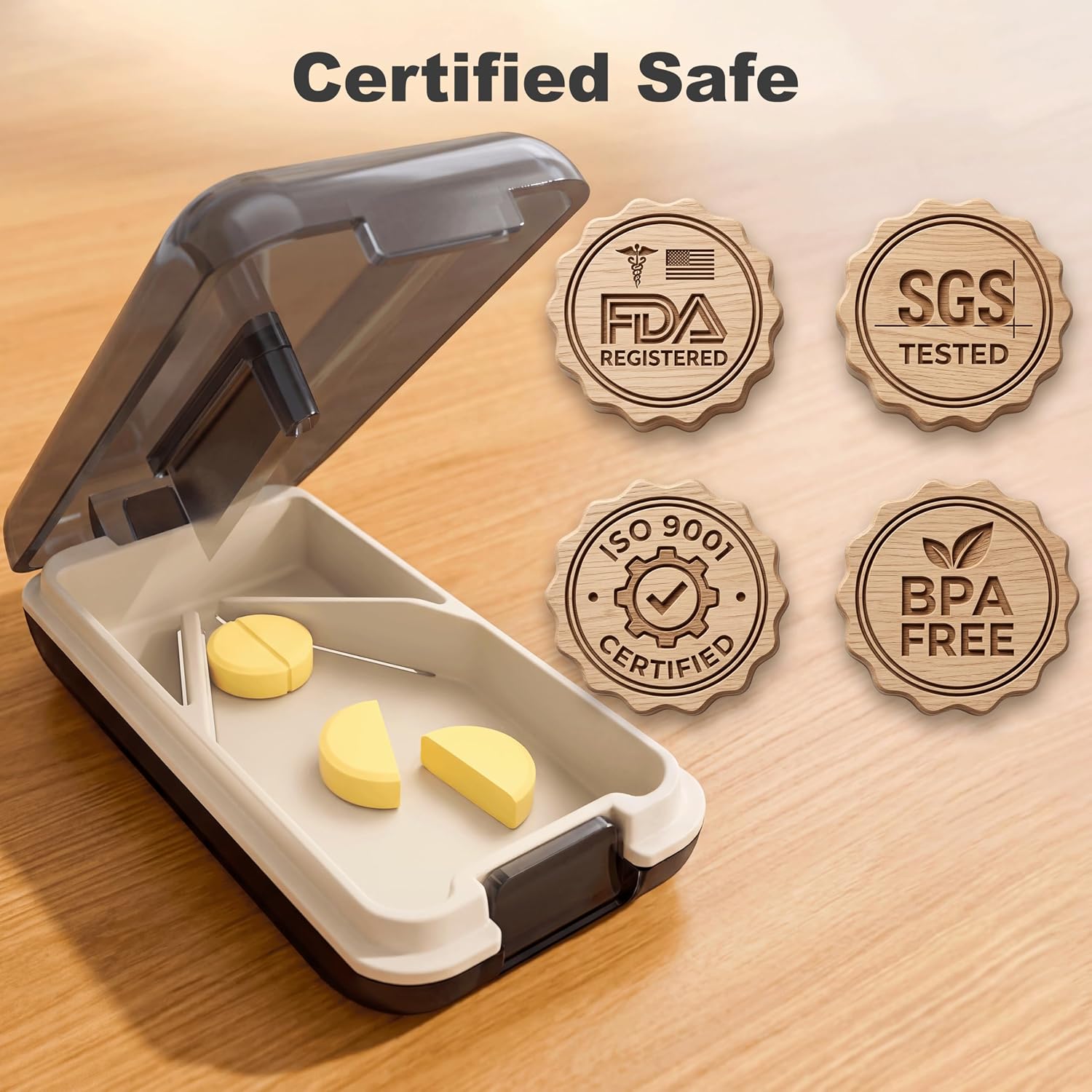 Fullicon Secure Precise Pill Cutter for Small Pills, Safe Tablet Slicer for Large Tiny Pills, Easy to Clean Coupe Pillule Portable Travel (Black)