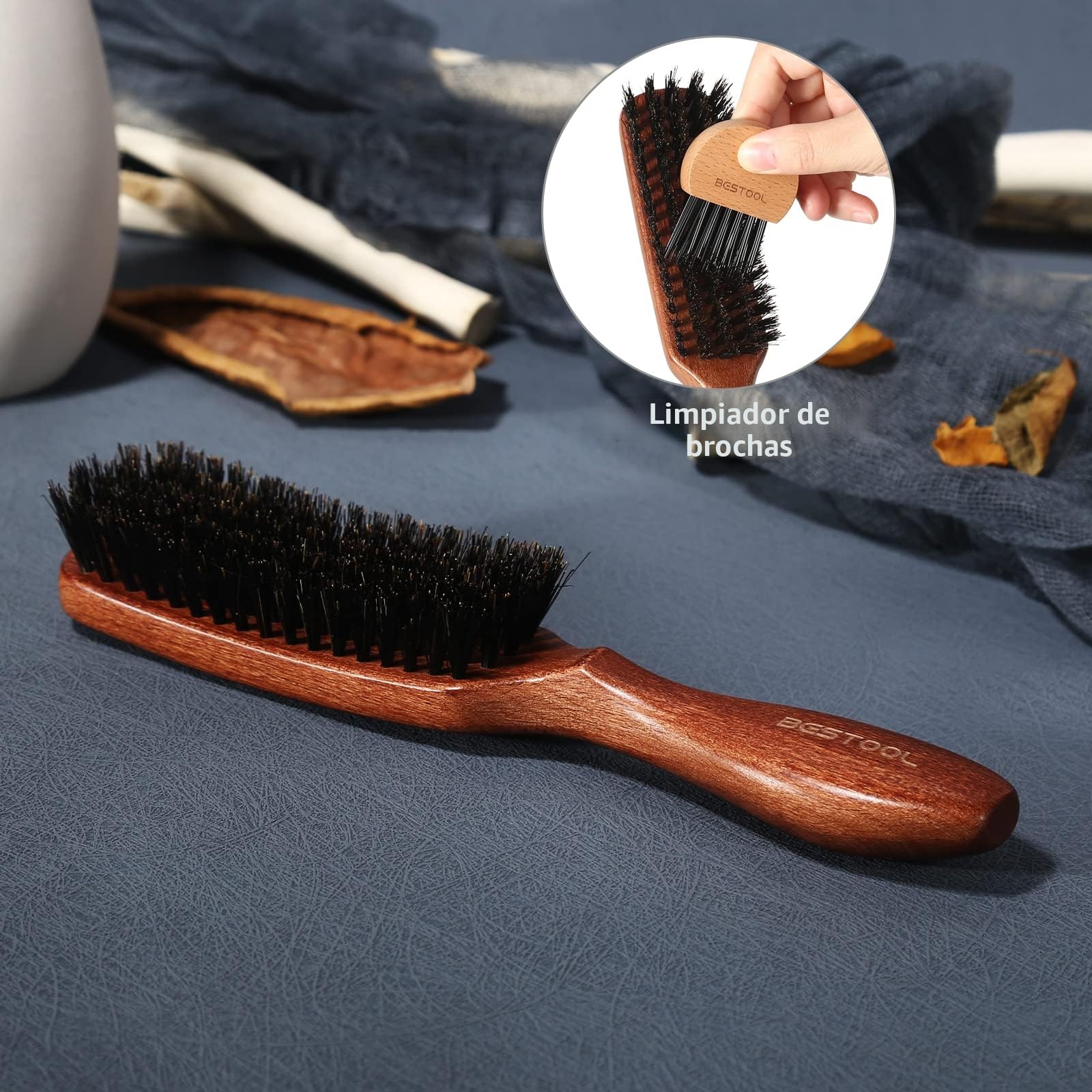 BESTOOL Cepillo para el pelo, cerdas de jabalí, para mujeres, hombres, niños, para desenredar y peinar, cerdas naturales para cabello fino y fino, cepillo de barba (Rojo marrón)
