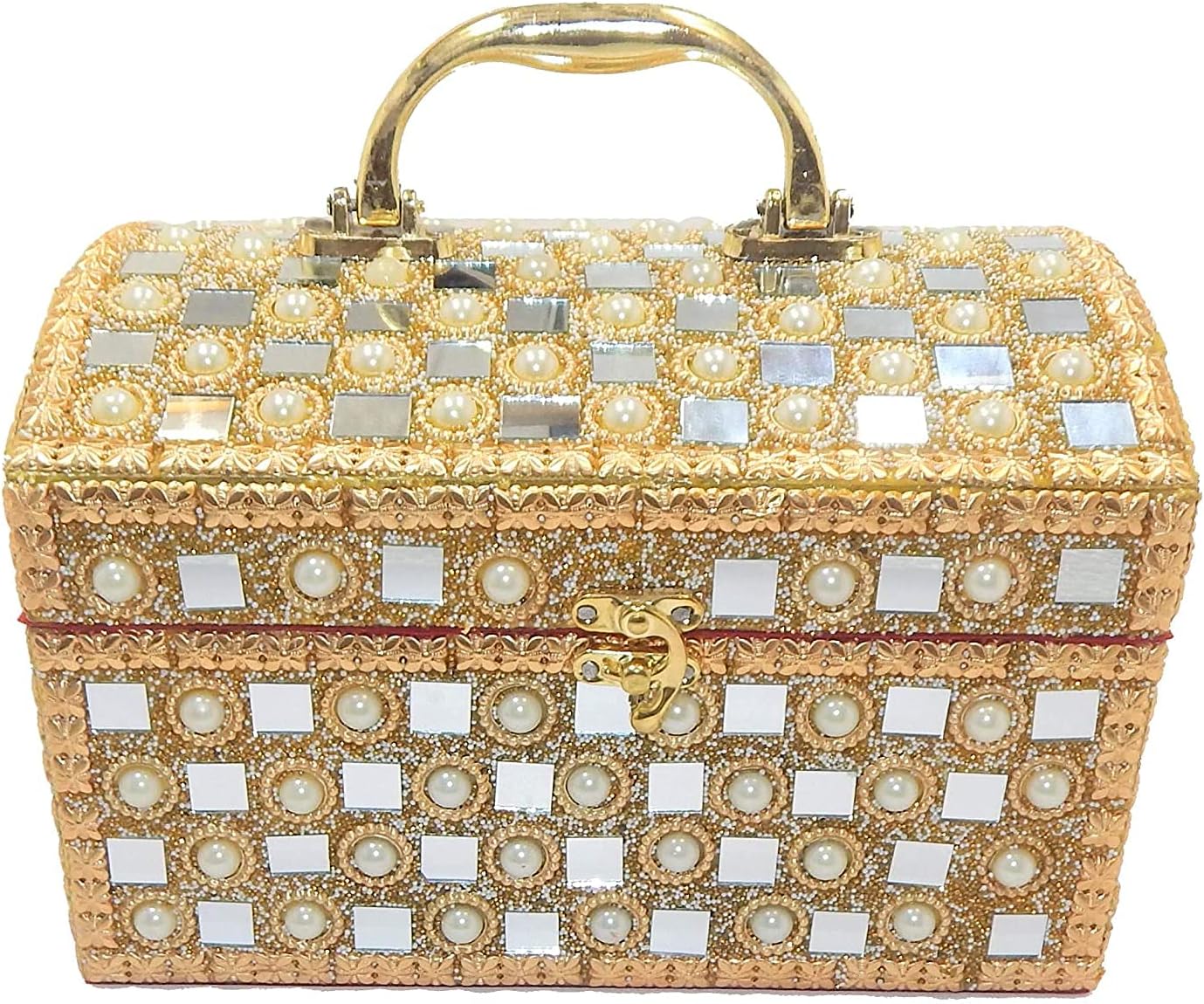 Generic Golden Pearl Vanity Box with Mirror Work | Women's Makeup Kit & Jewellery Box | Dust-Proof & Organised Bangles Rod | 24x15x12 cm