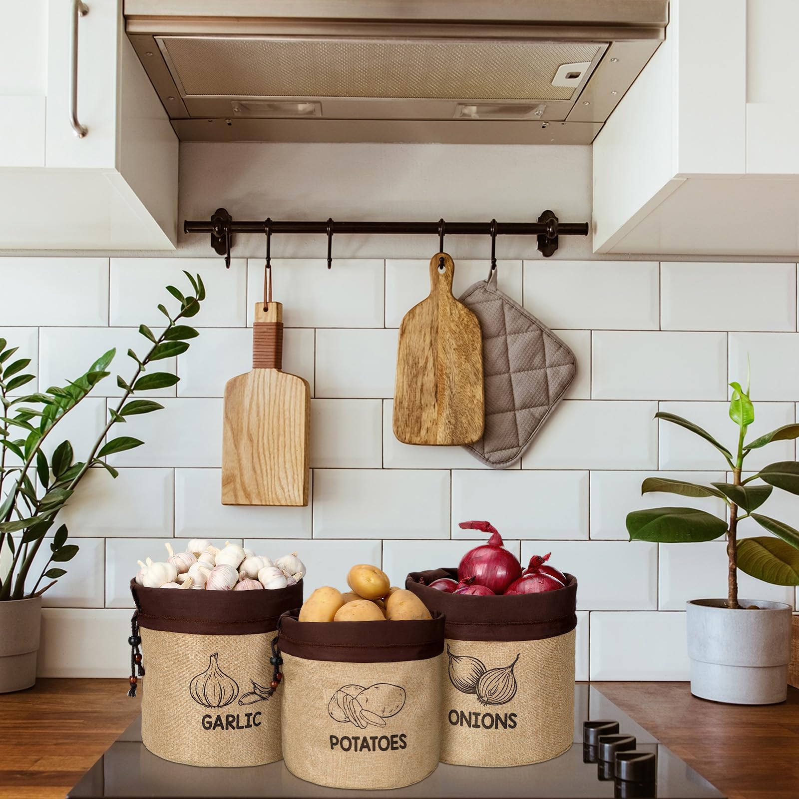 3 bolsas de cebolla con cordón, bolsas de patatas sostenibles con forro opaco, almacenamiento de alimentos, patatas, cebolla, ajo, contenedor de almacenamiento para despensa (clásico, tela de
