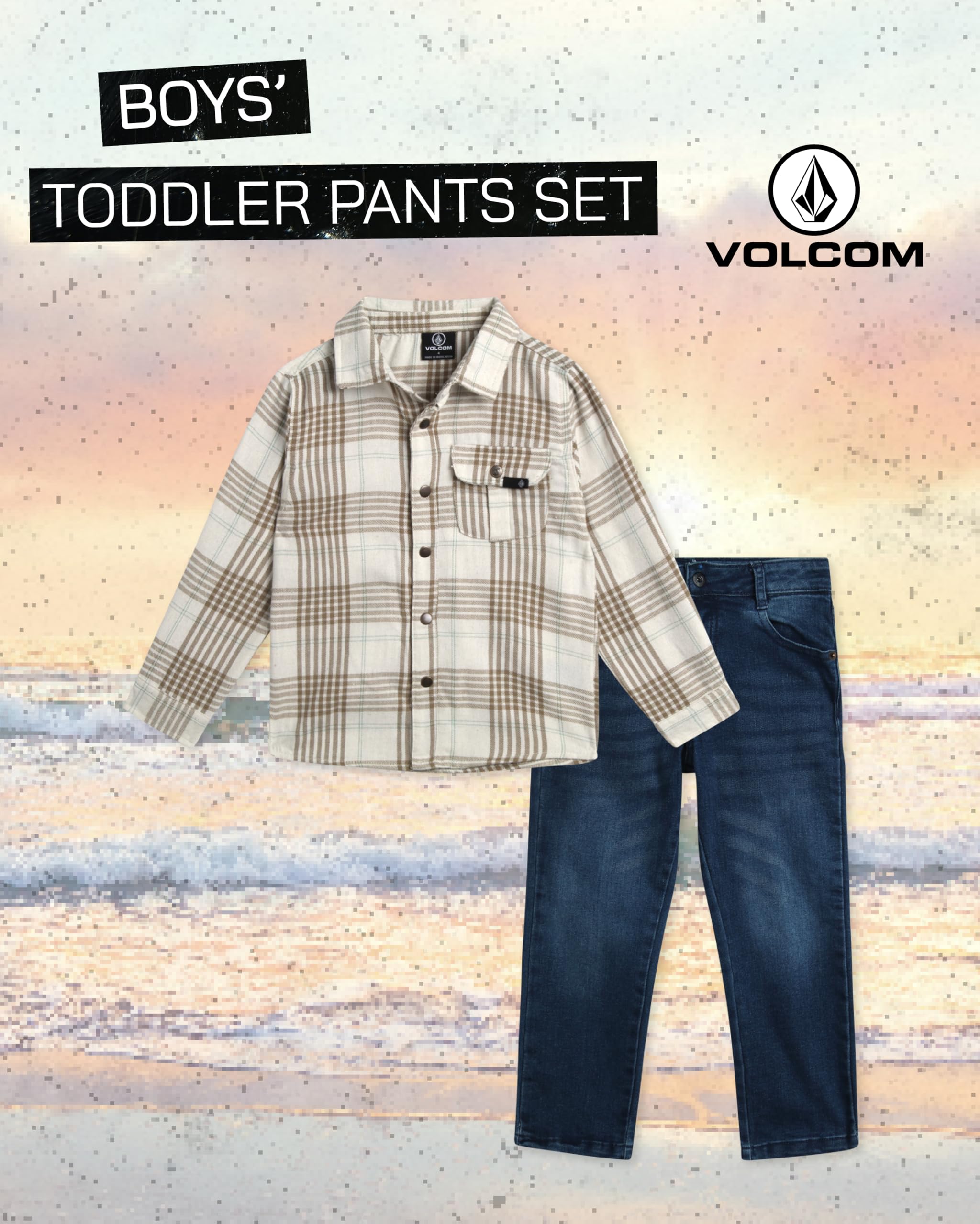 Volcom Toddler Infant Boys' Pants Set - 2 Piece Brushed Flannel Shirt and Slim Fit Woven Denim for Little Boys (Sizes: 12M-7), Size 2T, Sand
