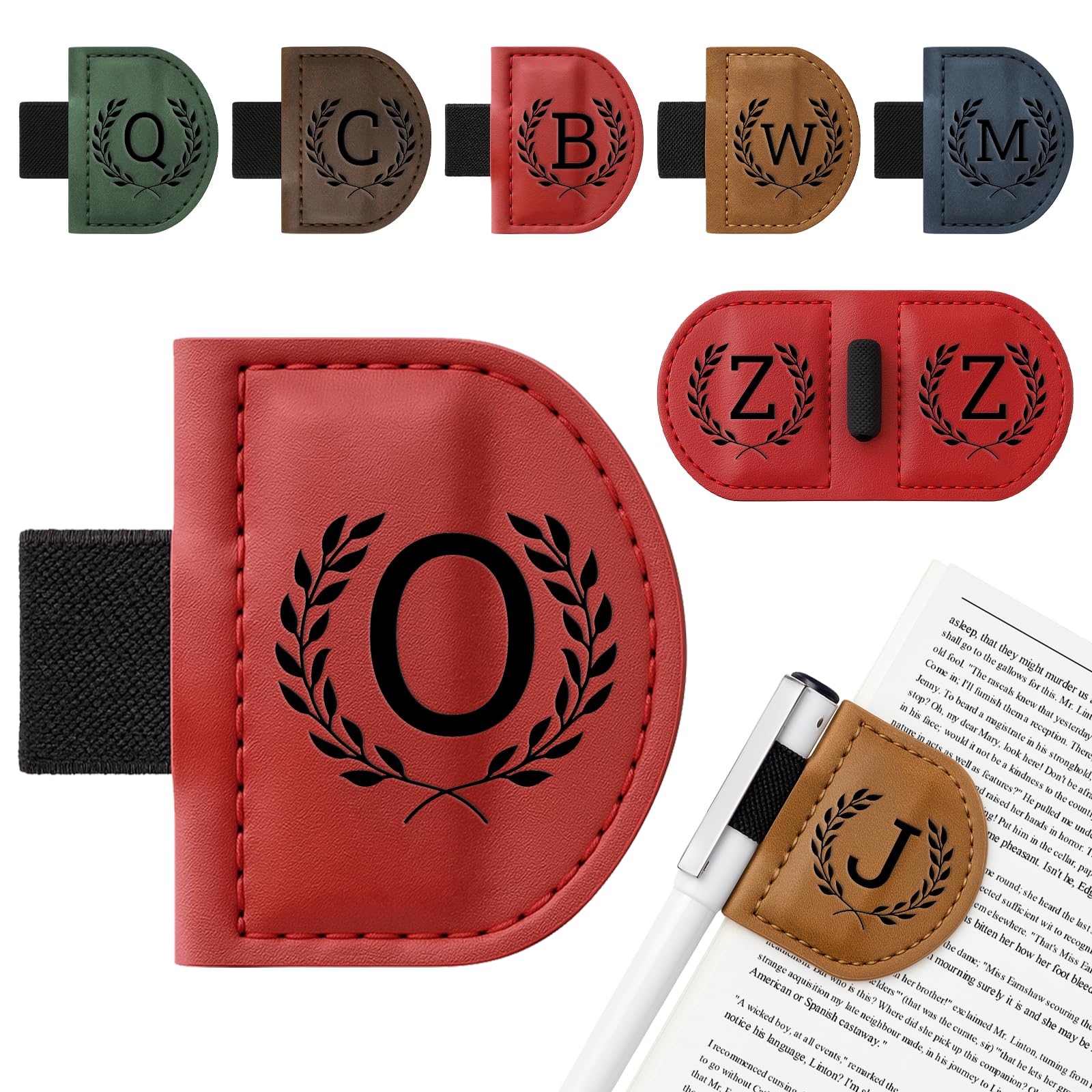 Personalized Bygone Mark Bookmark with Pen Holder,Engraving Leather Magnetic Bookmarks Vintage 26 Letters Name Initials Text Book Marker Clips Gifts