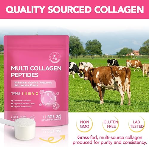 Miniatura 6 de Polvo de péptidos de colágeno múltiple - Tipos I, II, III, V, X - 2 libras sin sabor - con biotina, ácido hialurónico y vitamina C - Keto y Paleo,