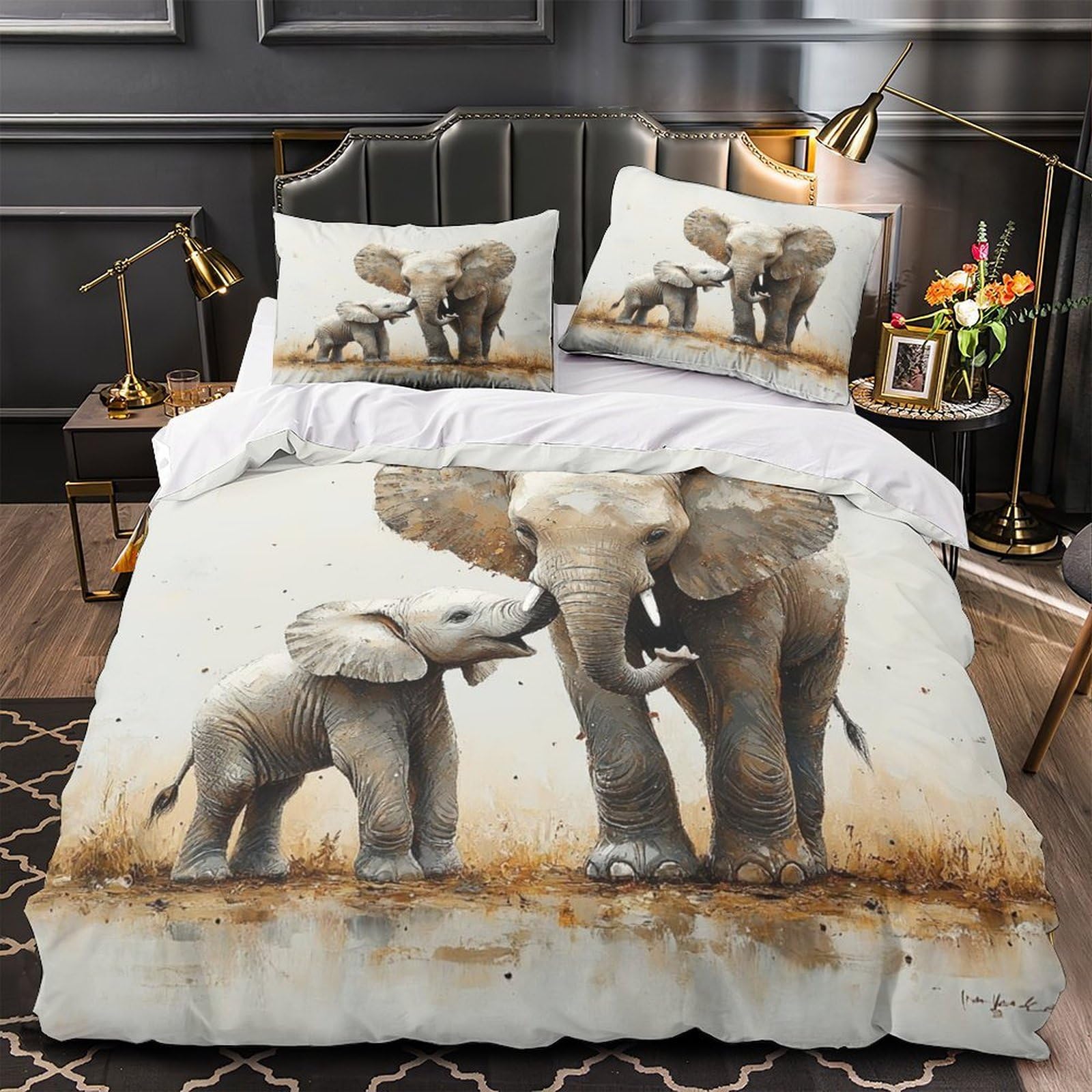 Parure de Lit 3D Effet Éléphant Aquarelle Housse de Couette 220x240