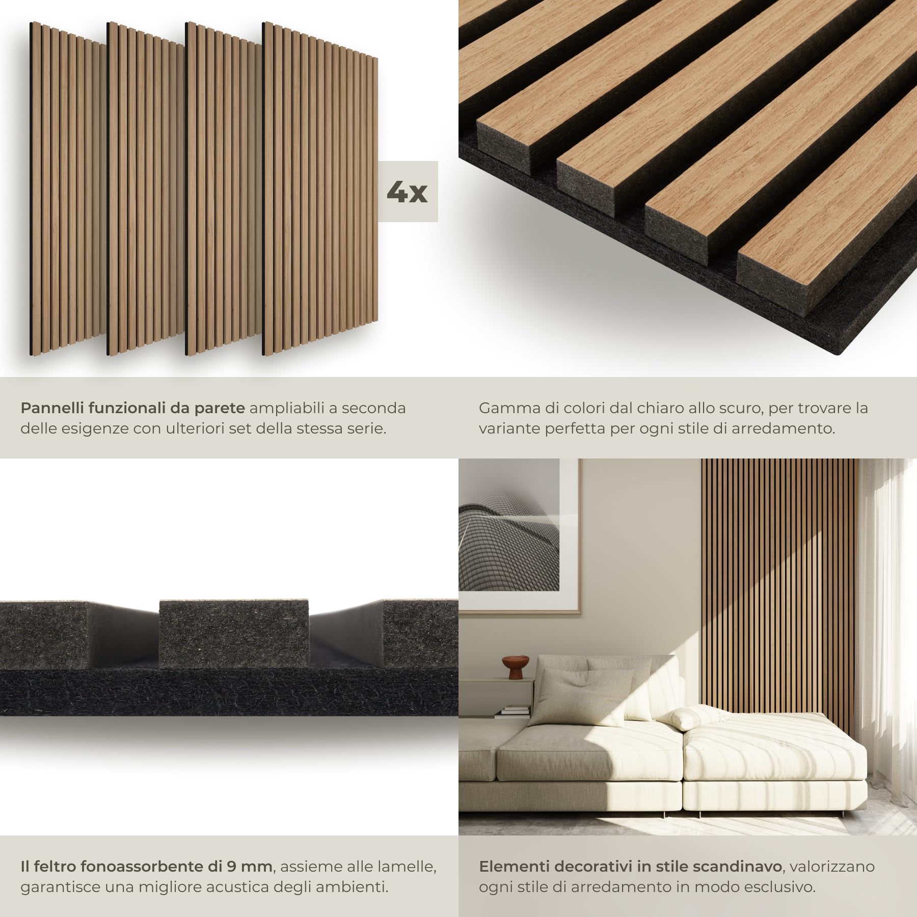 Tectake Set di 4 Pannelli Acustici Effetto Legno 120 x 60 x 2,1 cm Fonoassorbenti Decorativi per Pareti Design Moderno Rovere Chiaro