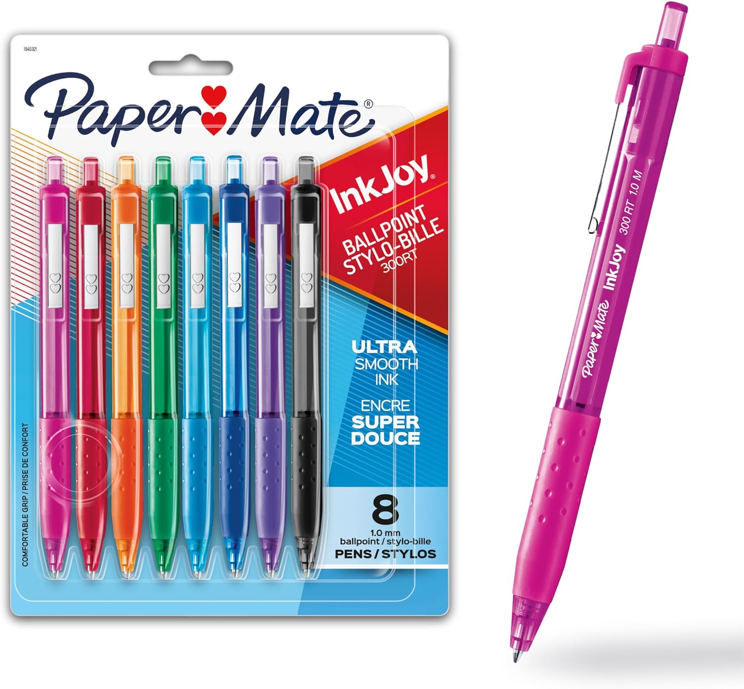 Stylos à Bille Rétractables Paper Mate InkJoy 300RT, Pointe Moyenne (1.0mm), Assortis, Paquet de 8