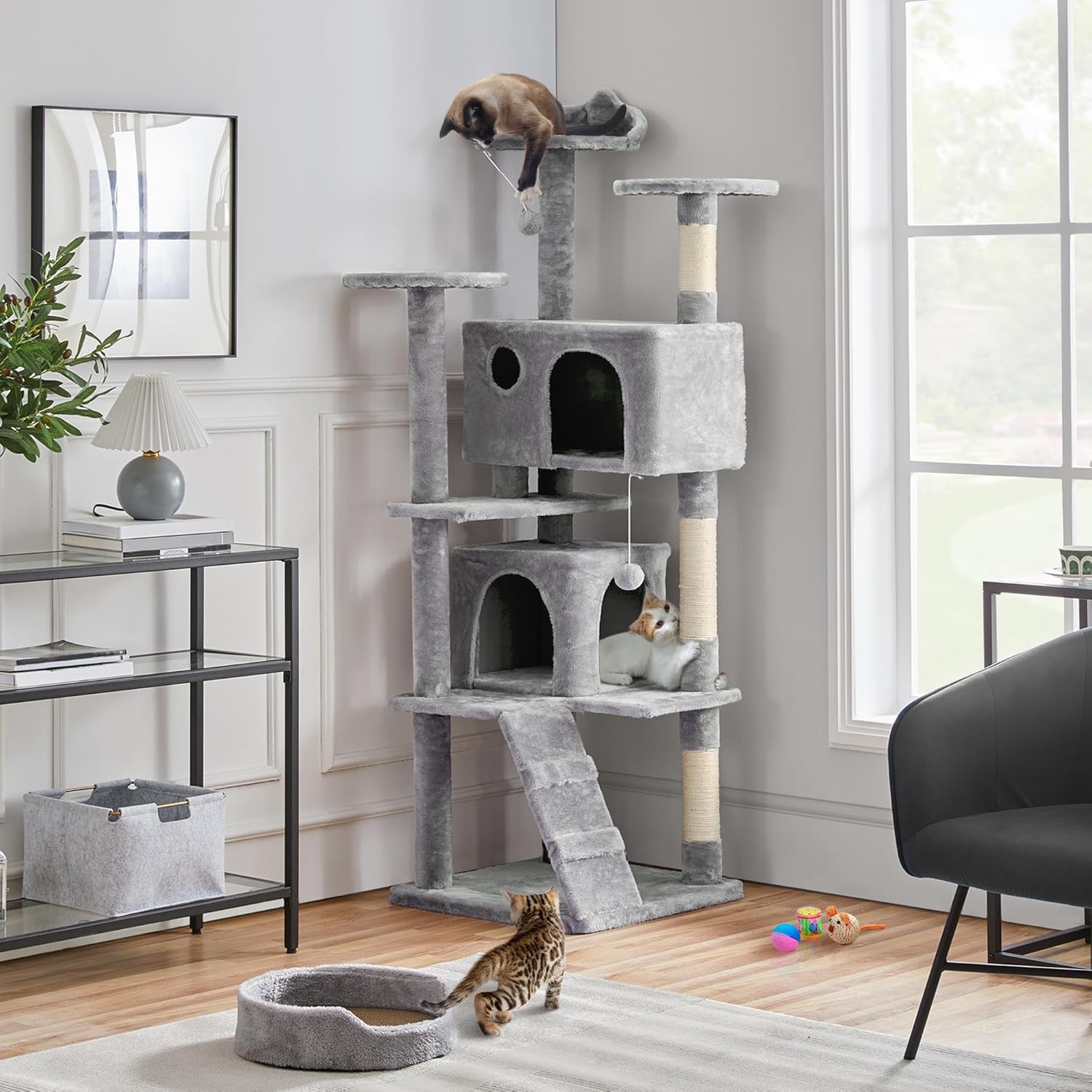 yaheetech 70in multi-level cat tree tall cat tower cat furniture with condo, scratching posts & dangling ball for indoor cats activity center, light gray light gray 70in