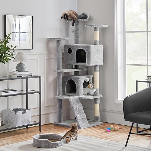 Miniatura 2 de Yaheetech Árbol para Gatos Multinivel de 70 Pulgadas Torre Alta para Gatos Mueble para Gatos con Condominio, Postes Rascadores y Pelota Colgante Gris