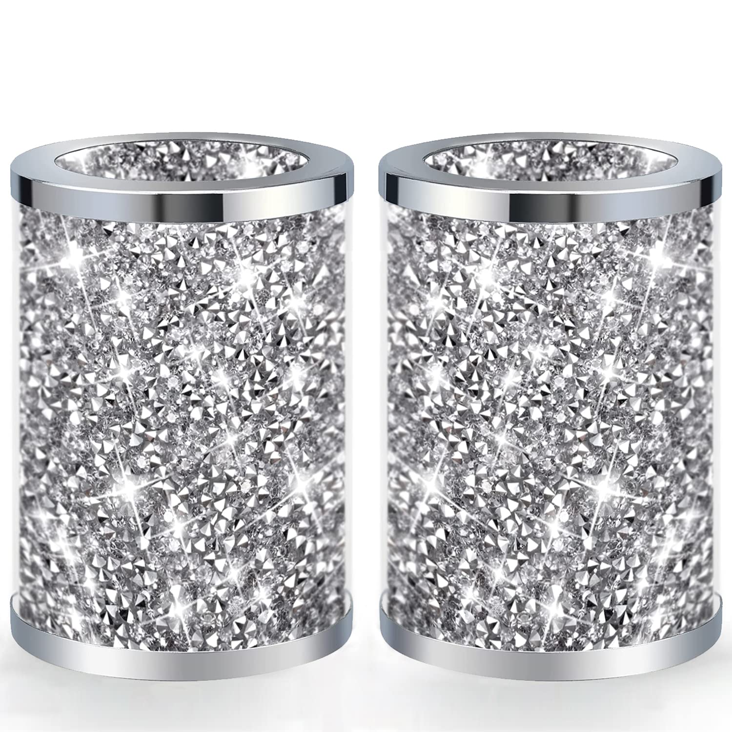 ZOLAPI Set of 2 Organizer Silver Cute Crystal Diamond Glass Vase ，Can Hold Water，Brush Holder for The Office，Comb Brush Container for Dressing Table and Bathroom.(3.3”x4.2”)