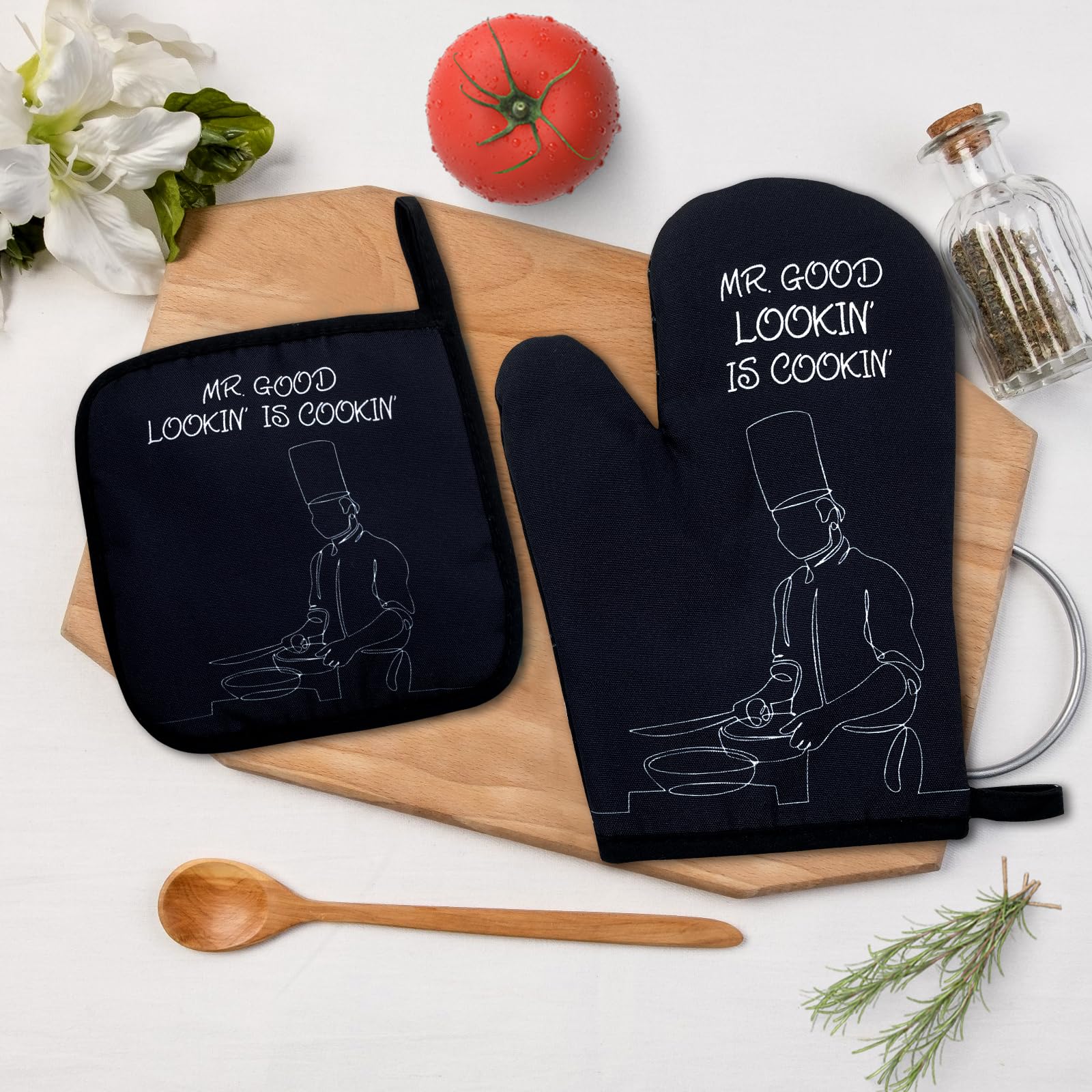 Mr.Good Looking is Cooking,Funny Oven Mitts and Pot Holders Sets of 2,Silicone Non-Slip Oven Mitts,Kitchen Gift for Men,Cooking Baking BBQ Gifts,Chef Gift