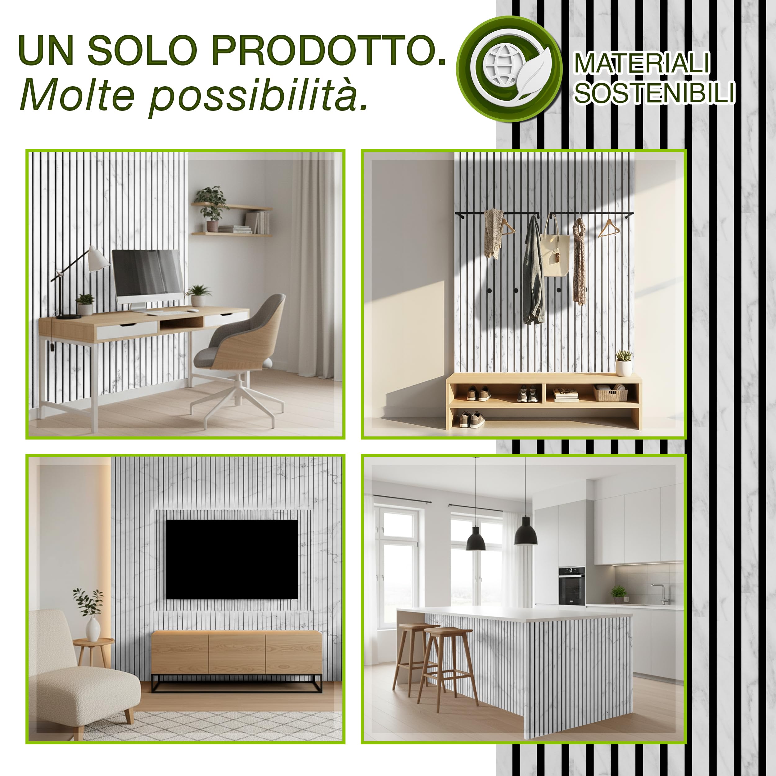 TRESKO 2 pannelli acustici in legno, 120 x 60 cm, con 4 ganci appendiabiti, rivestimento da parete bianco/marmo come parete a lamelle 3D, pannelli in legno per isolamento acustico