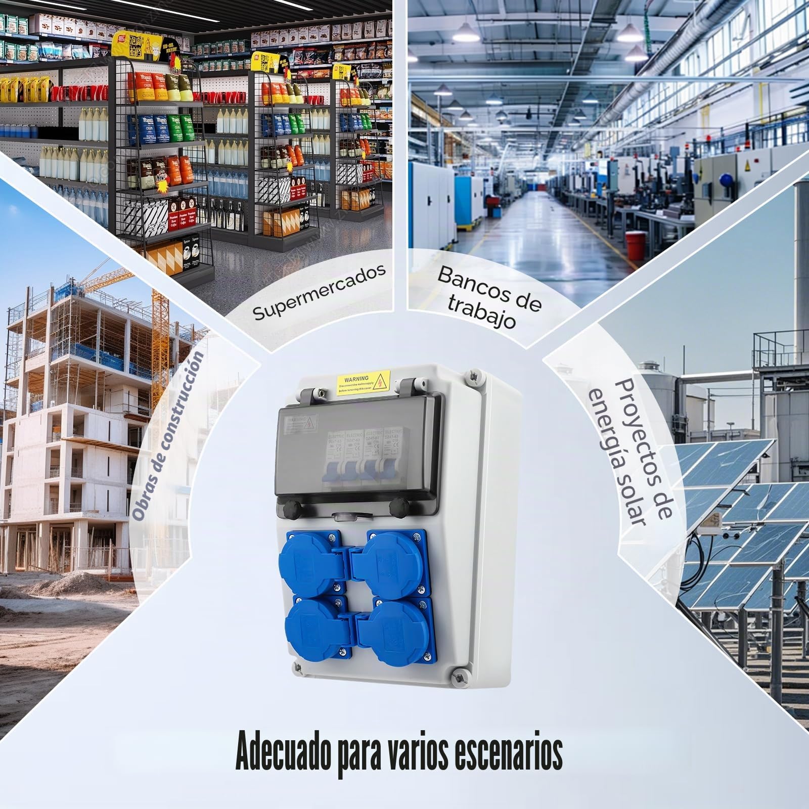 Caja de Distribución Eléctrica para Obra 16A, Distribuidor de Corriente 230V para Construcción IP67 para Montaje en Pared con con 4 Enchufes Schuko Disyuntor, para Talleres, Fábricas y Obras
