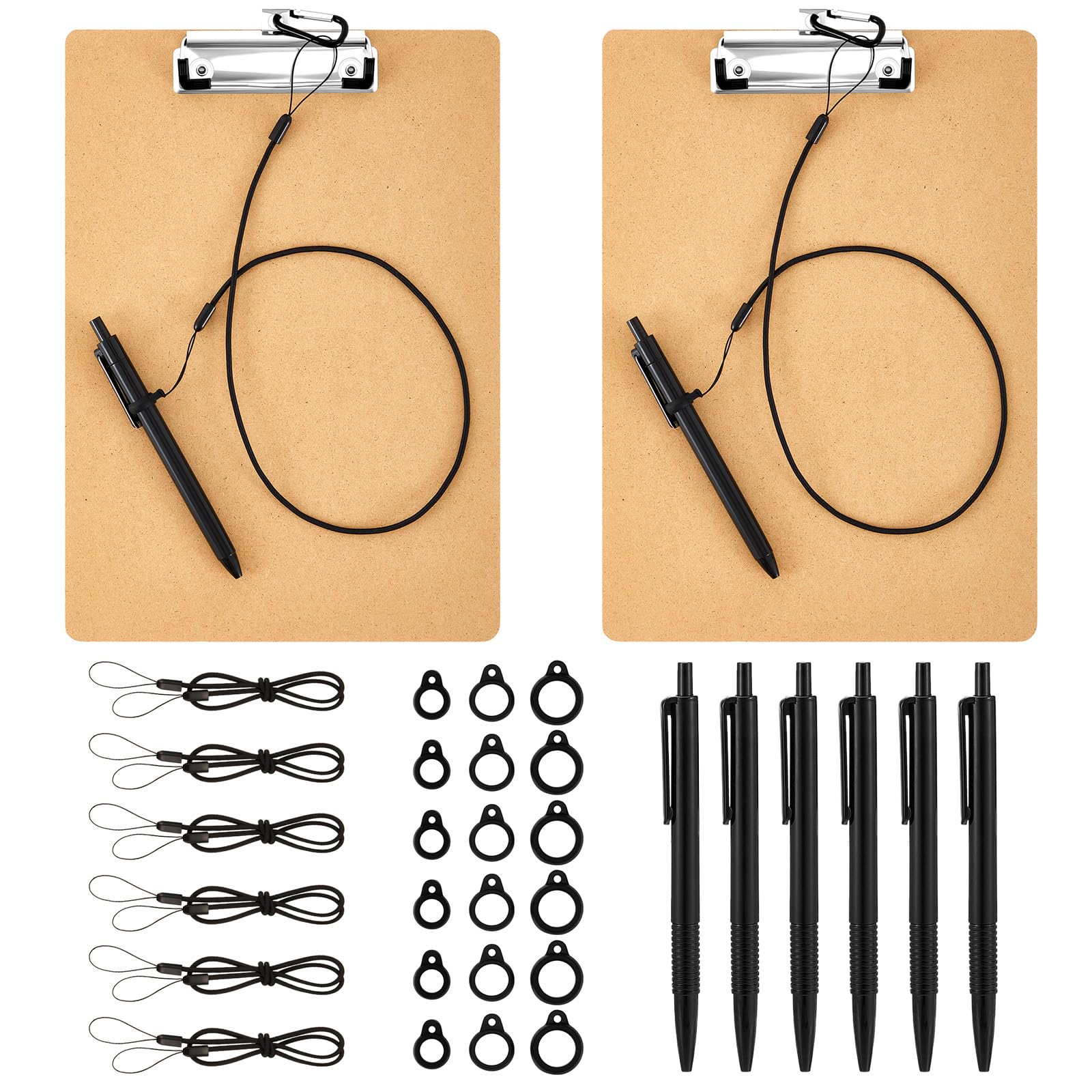 Lewtemi 2 Set A4 Wooden Clipboard with Pen Holder, 24 Inch Pen Leash for Clipboard and Silicone Ring Buckle for School Office Back to School Supplies (Brown)