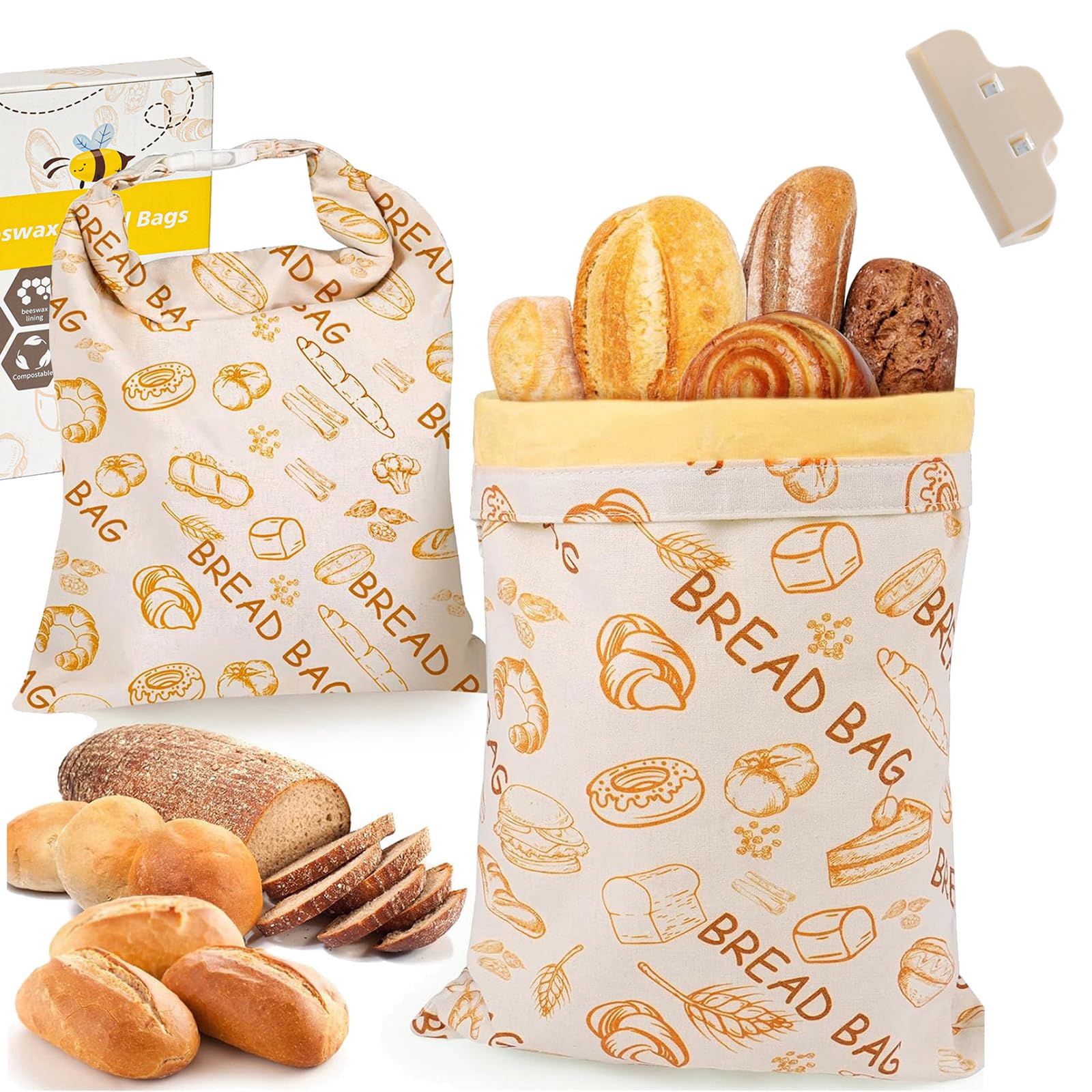 Qosigote A Loafguard Beeswax Bag, Reusable Beeswax Bread Bag, 12X17inch Cotton Bees Wax Bread Bags, Stays Fresh Up To 3X Longer, For Keeping Toaster Loaf Sandwich Fruits Vegetables Fresh (,1Pc)