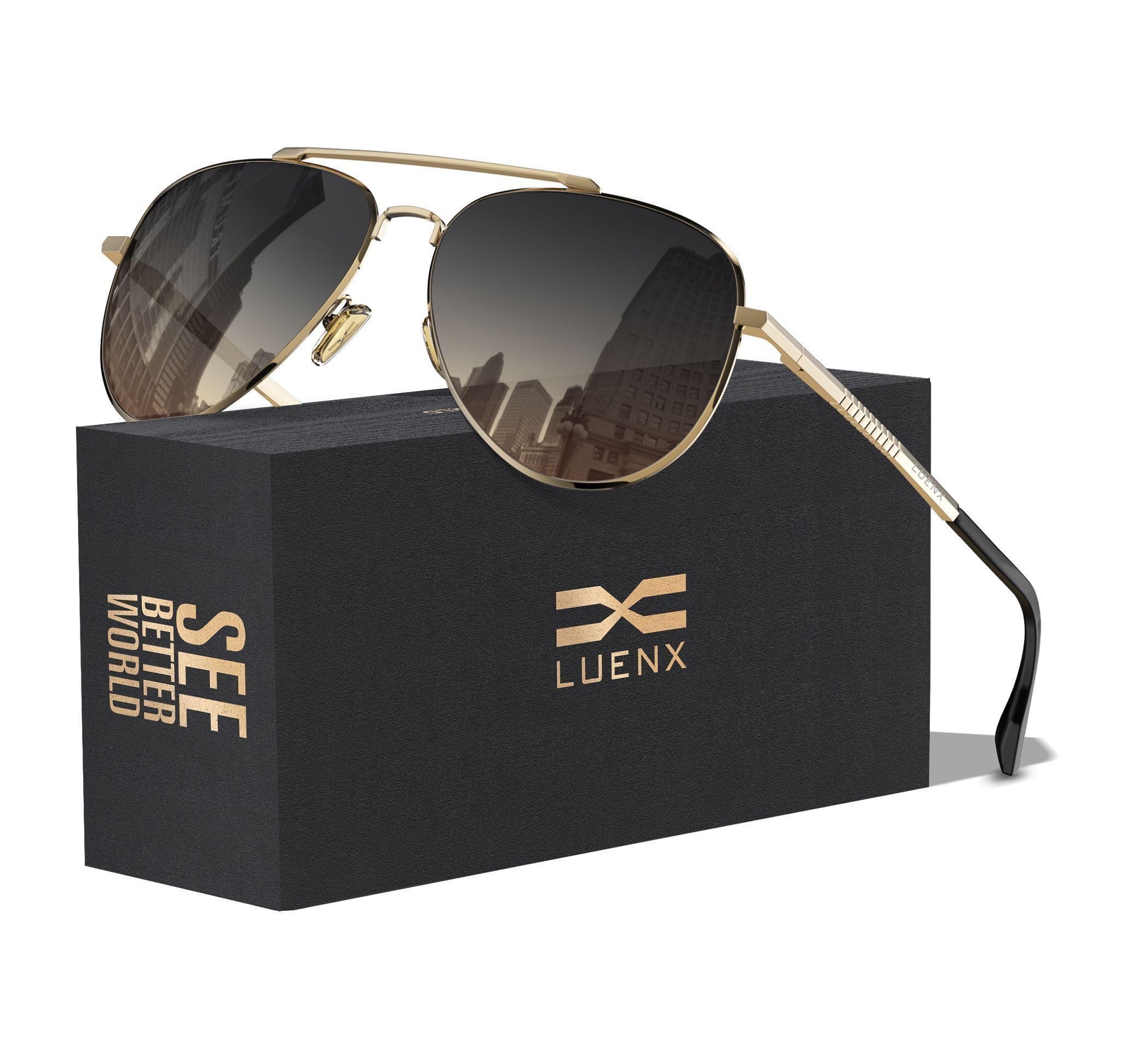 LUENX Aviator Sunglasses for Men Square Polarized Polygon Lens UV 400  Protection with Accessories