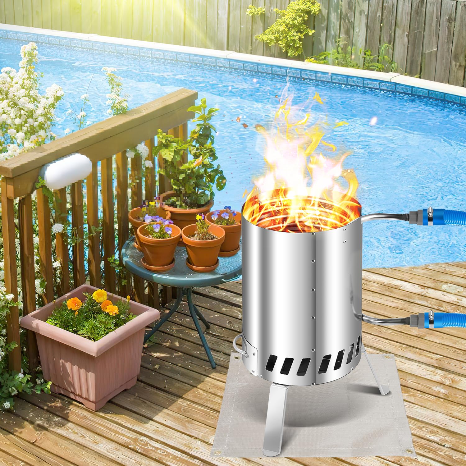 Ikodm 2 x riscaldatori per piscina, riscaldamento per piscina con fuoco, in acciaio inox, per piscine, forno per piscina con connettori da 36 – 38 mm, riscaldamento per piscina con tappetino