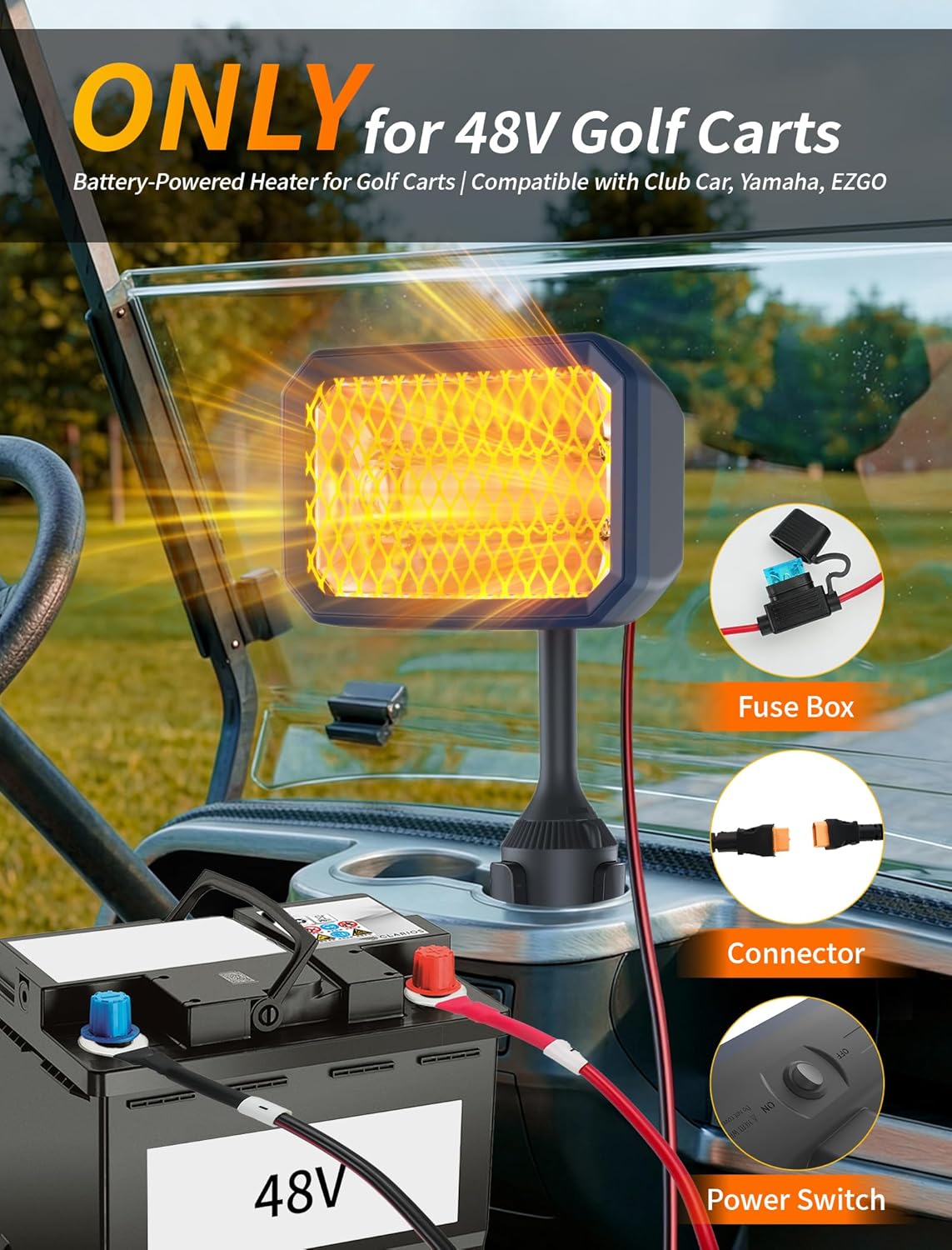 Electric Golf Cart Heater with Mid-Cable Quick-Disconnect, 400W Safe & Fast Silent Carbon Fiber Heating, Heater with 360° Rotatable Head, Compatible with Club Car/Yamaha/EZGO, Golf Cart Accessories for 48V Golf Cart