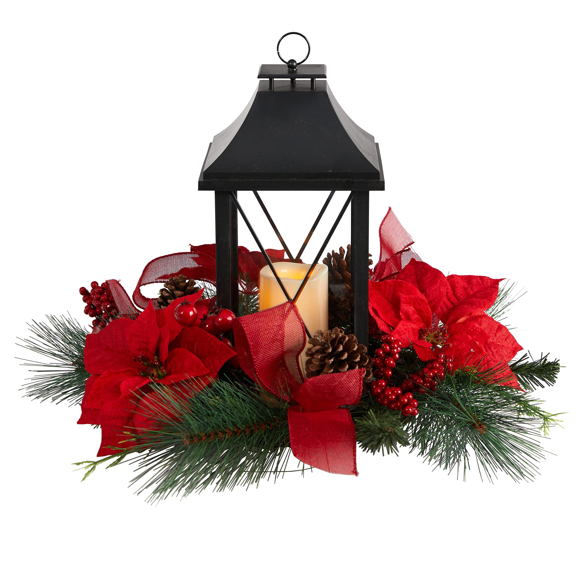 Nearly Natural 15in. Holiday Poinsettia, Pinecone and Greenery with Lantern and Included LED Candle Artificial Table Christmas Arrangement