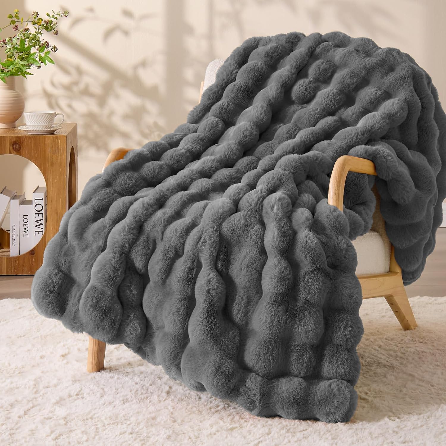 BEDELITE Faux Fur Throw Blanket, Dark Grey Plush