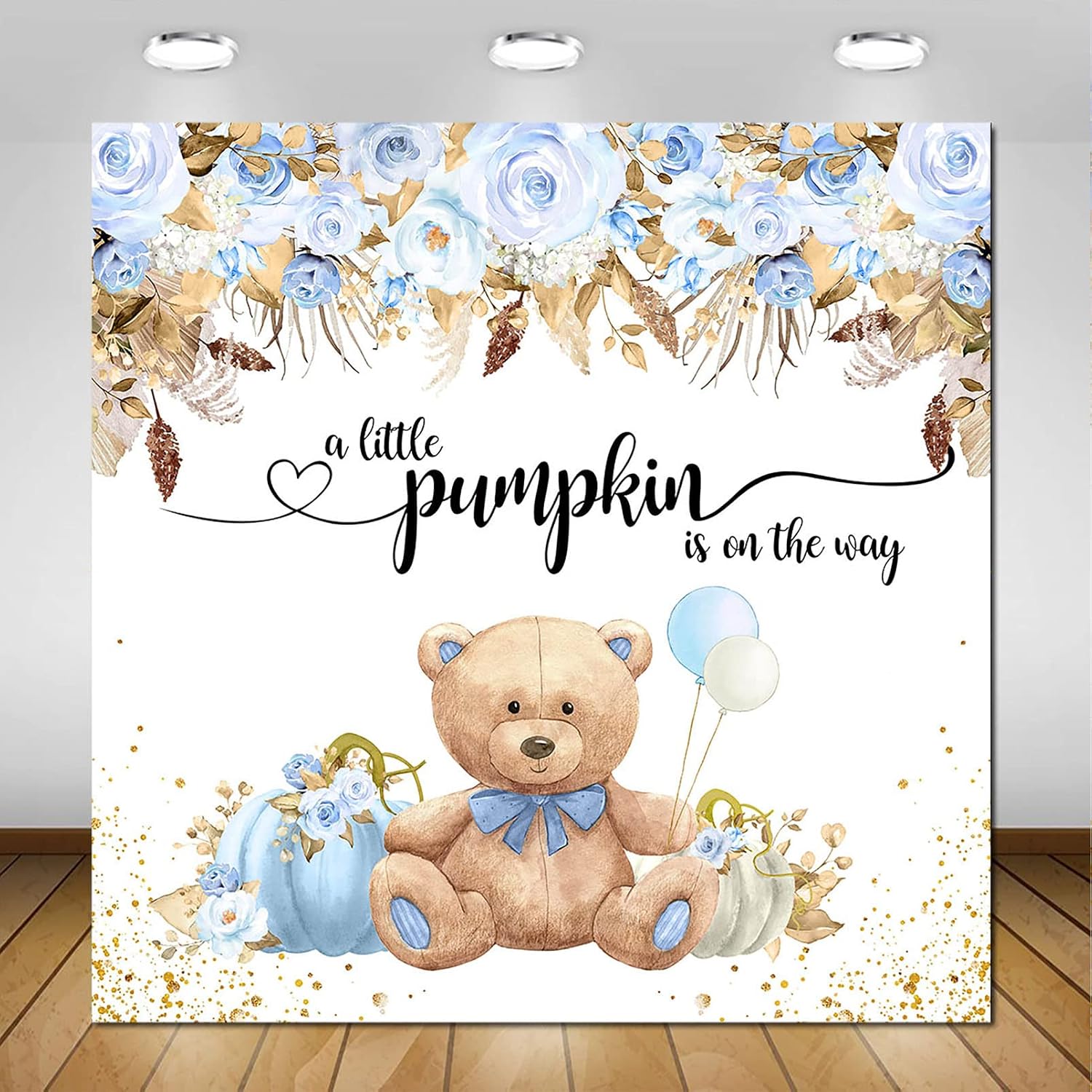 Avezano Little Pumpkin Baby Shower Backdrop for Boy A Little Pumpkin is On The Way Photography Background Autumn Blue Floral Lovely Bear Baby Shower Backdrops Decorations Photo Booth Props (7x5ft)