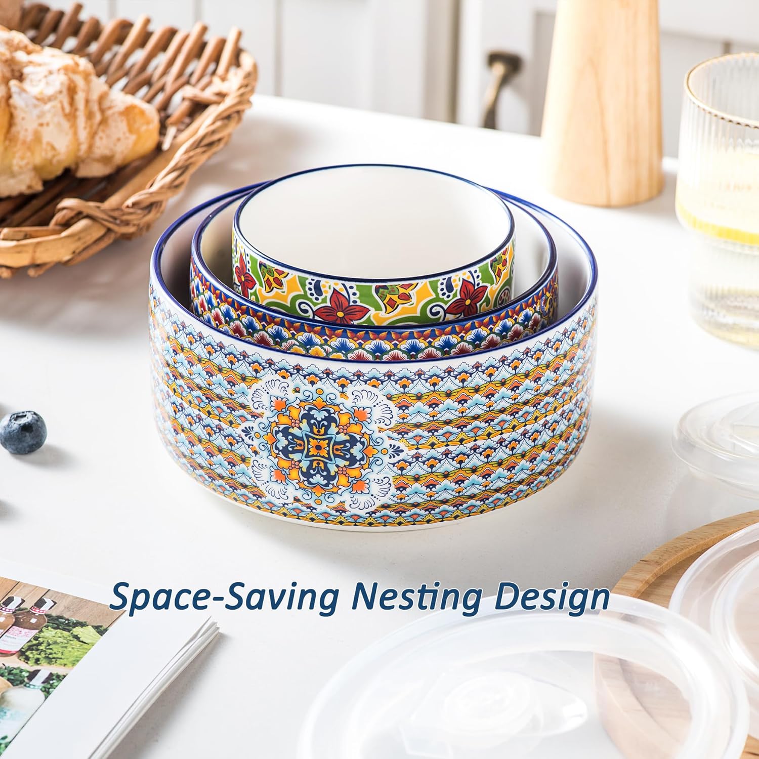 HENXFEN LEAD Ceramic Food Storage Bowls with Lids, Nesting Set of 3 (10, 20 & 32 oz), Prep & Serving Bowls, Microwave, Dishwasher & Freezer Safe
