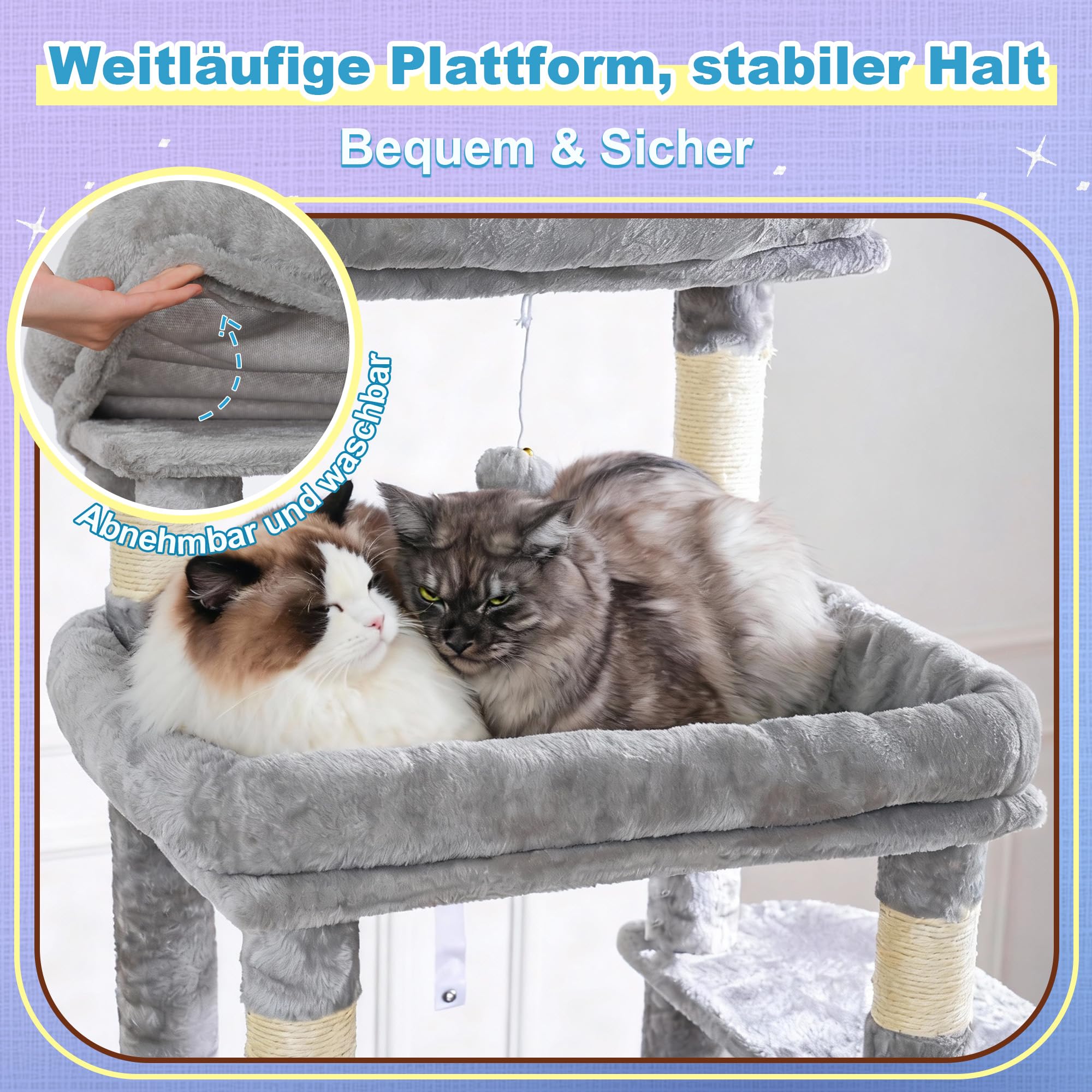 Hey-brother Arbre à Chat Stable 182 cm pour Grands Chats Adultes, MPJ080W | Grand Tour de jeu chat avec 2 grandes plateformes, 3 hamacs, grotte, griffoir sisal 2-en-1, balle peluche, Gris Clair