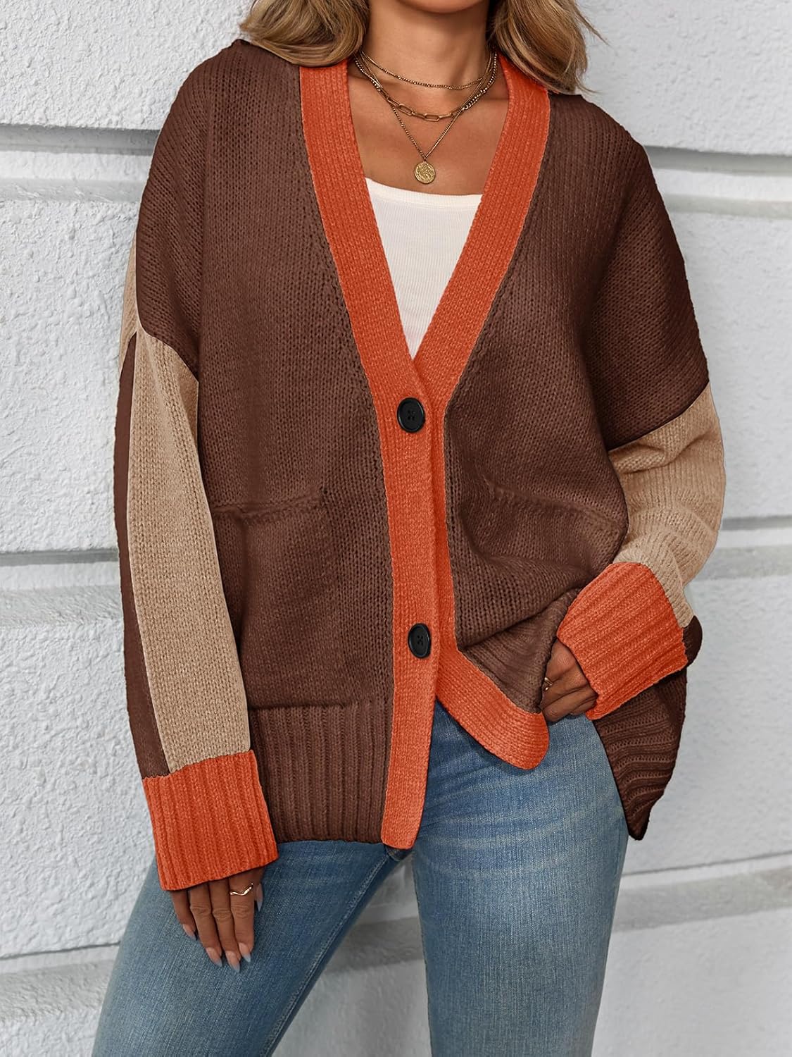 Saodimallsu Womens V Neck Cardigan Sweaters Color Block Button Oversized Long Sleeve Open Front Knit Sweater Coats - Image 2