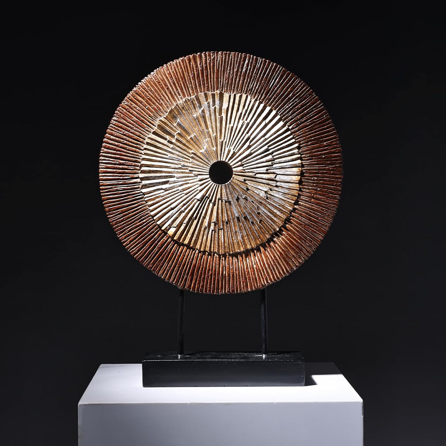 12" Tall Abstract Brown Gold Round Sculpture - Unique Wood Color Home Decoration for Above Cupboard Decor, Living Room Coffee Table, Console, Office, Entrance, Table Centerpieces (Brown Gold)