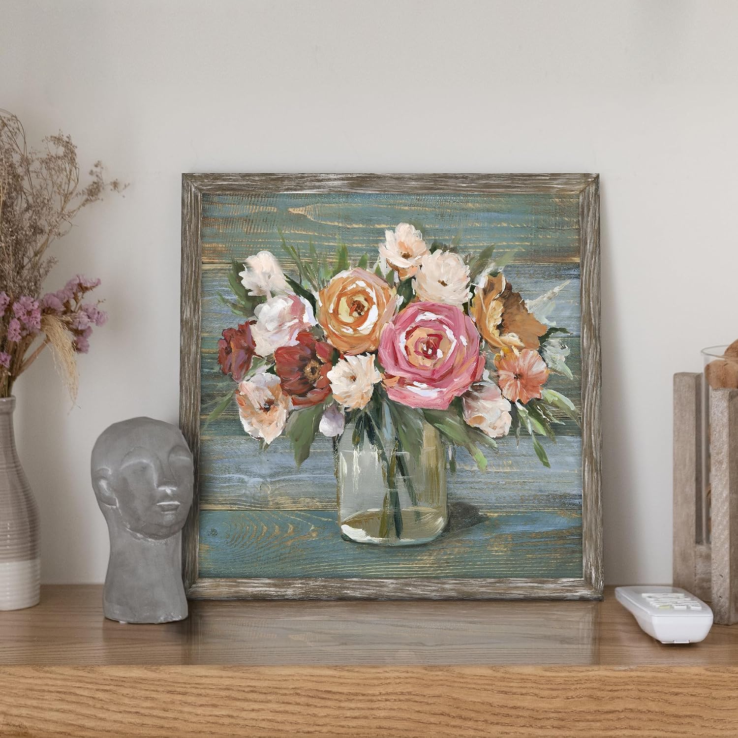 Abstract Flower Wooden Wall Art: Vintage Bouquet in Vase Painting Blossom Floral Framed Artwork Rustic Rose Picture Artwork for Bedroom