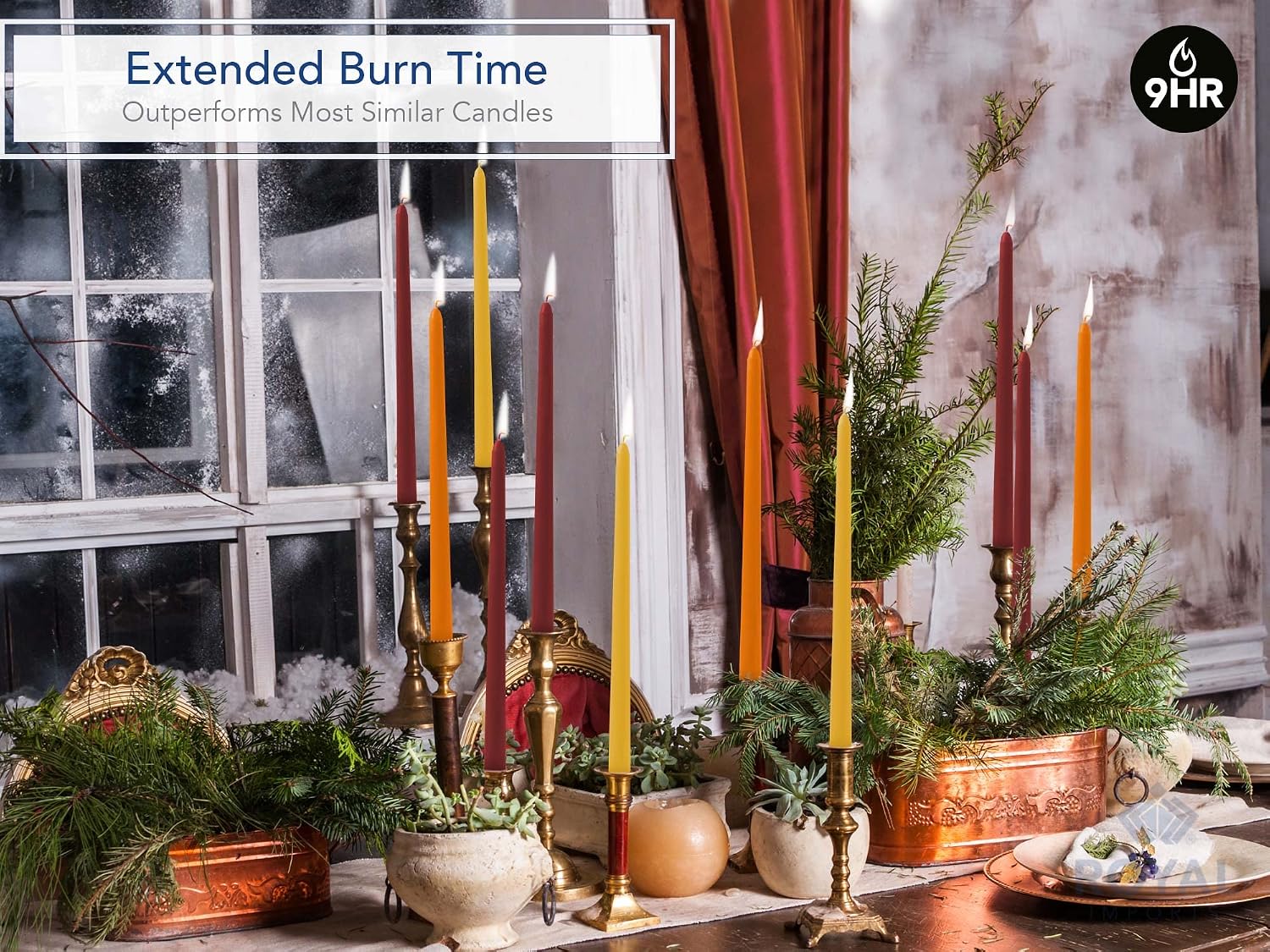 Royal Imports Unscented Taper Candles, Tall Elegant Premium, Dripless & Smokeless, Hand-Dipped for Wedding, Christmas, Holiday, Home Decor - 9 Hour Burn Time - Set of 12 (12 Inch, Red/Orange/Yellow)