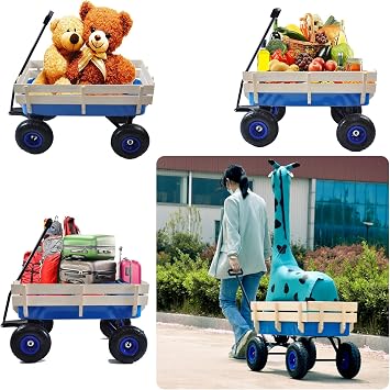 All-Terrain Foldable Wagon | Removable Wooden Side Panels & Steel Bed | Air Tires | Versatile Hauler for Picnics, Garden Activities, Christmas, Various Holidays, Gatherings & Meals | Blue