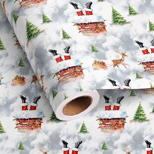 Vnaaem Funny Christmas Wrapping Paper Roll - White Funny Santa Claus, Reindeer, Xmas Tree Design Gift Wrap for Holiday Xmas Birthday Winter Party(Total 28.5 sq.ft)