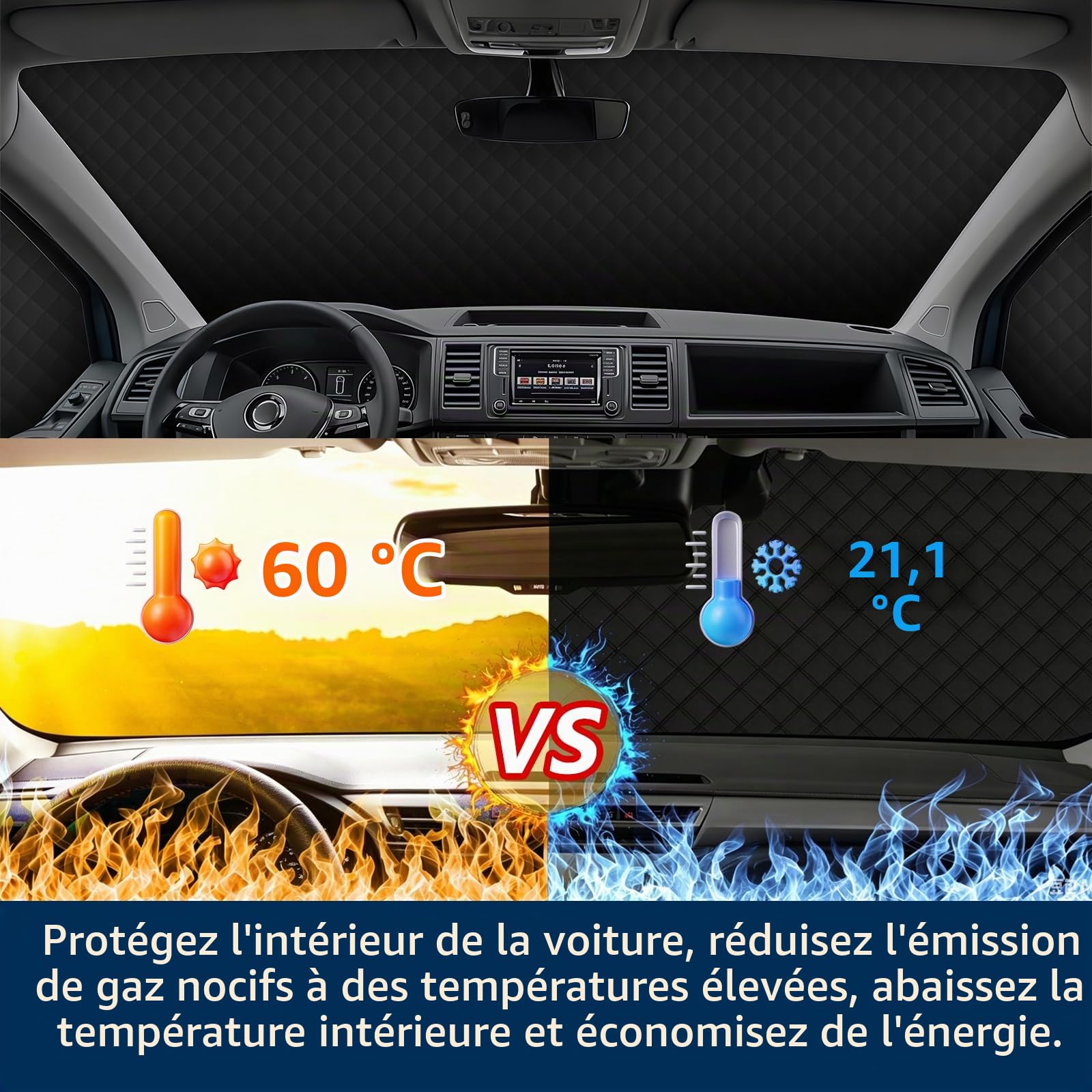 Pare-Soleil Voiture Pare-Brise Avant Compatible avec VW T6, Couverture de Pare-Brise Extérieur pour Camping-Car, Pliable Housse Protection Solaire Neige Toutes Saisons,avec Sac de Rangement