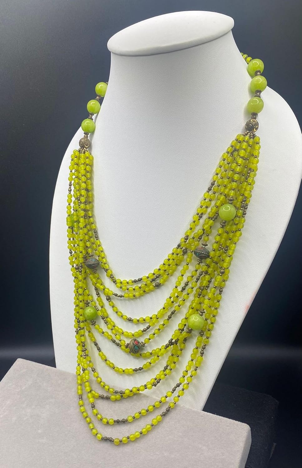 Handcrafted Natural Yellow Agate Multi-Strand Necklace for Women | 23” Layered Beaded Statement Jewelry with Tibetan Nepalese Beads | Boho Tribal Chunky Necklace | Festival Ethnic Jewelry | 140g