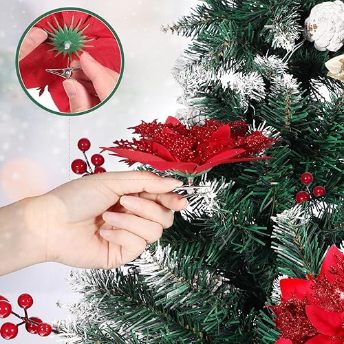 Miniatura 9 de Kisangel 12 flores artificiales de Navidad con purpurina para corona de Navidad, adornos de árbol de Navidad con 12 tallos y clips (rojo)
