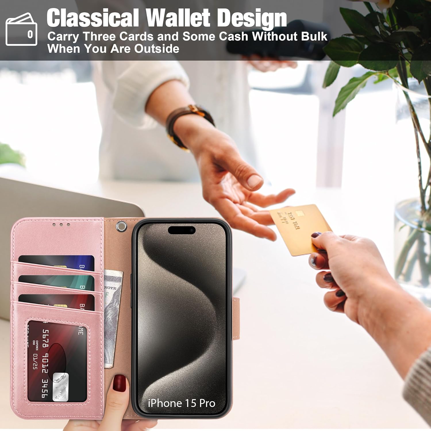 Arae Compatible with iPhone 15 Pro Case with Card Holder and Wrist Strap Wallet Flip Cover for iPhone 15 Pro 6.1 inch,Rose Gold - Image 7