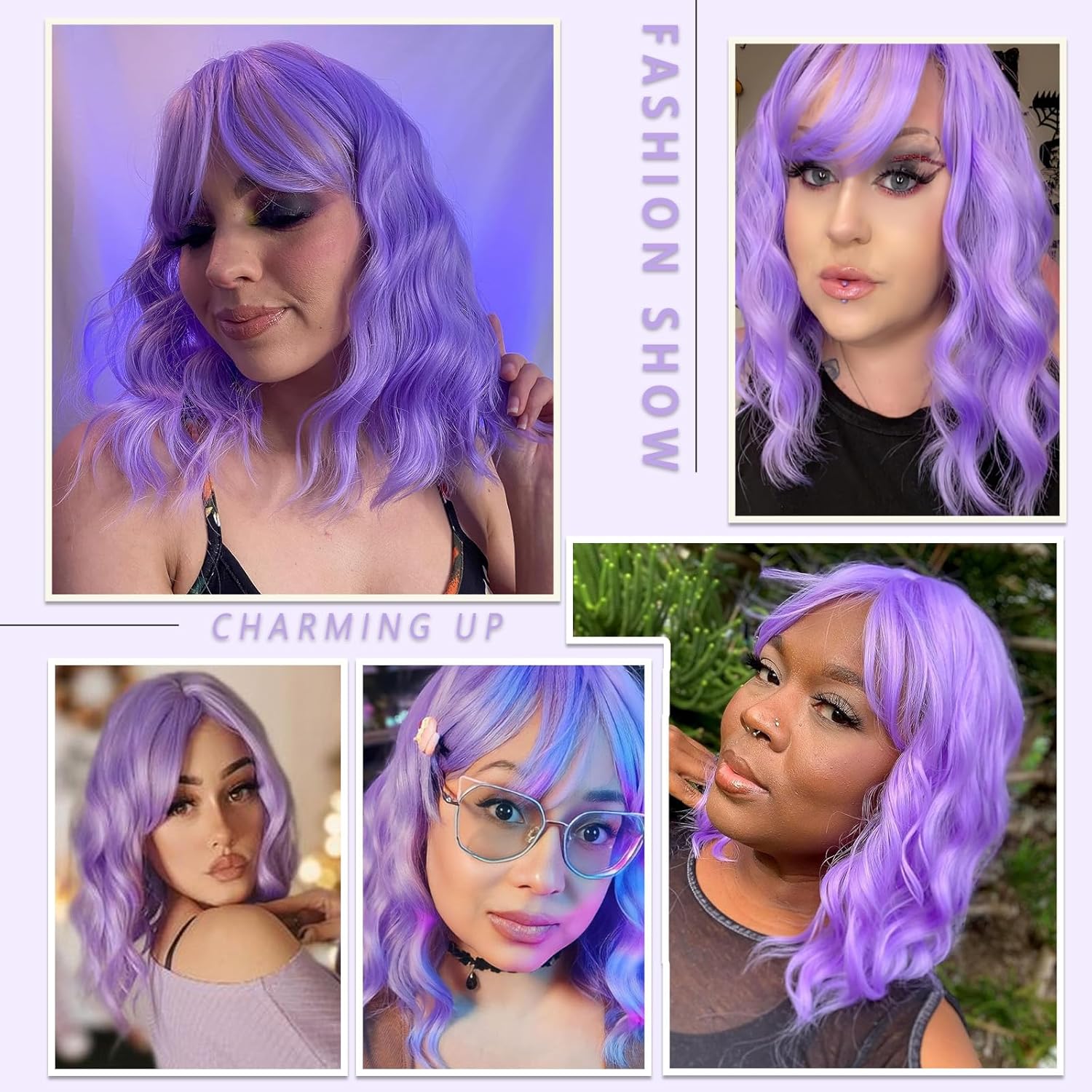 Purple Wig with Bangs for Women 14 Inch Lavender Wigs Short Bob Wavy Curly Wig Heat Resistant Synthetic Colorful Wig - Image 5