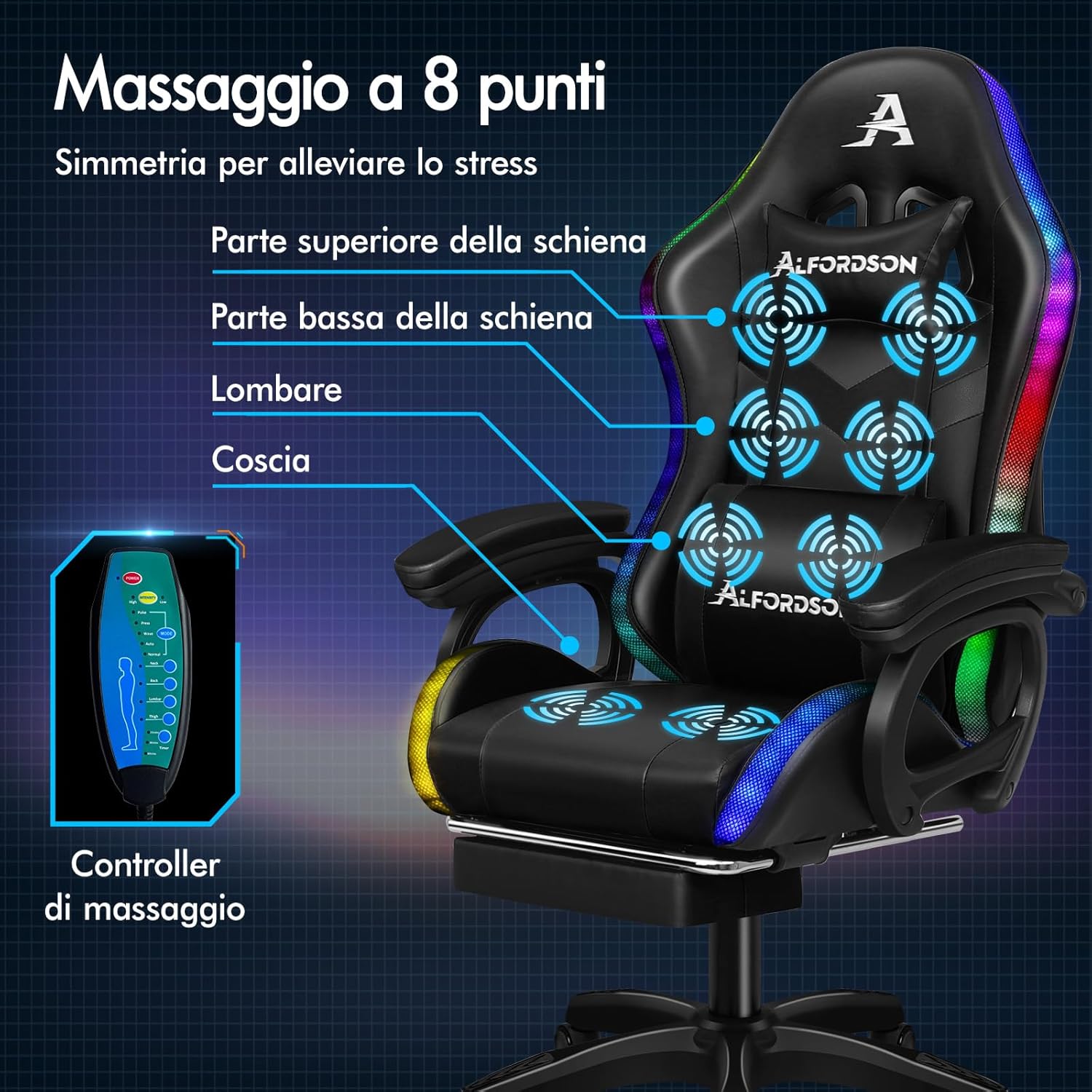 Sedia Gaming Massaggiante con Luci LED,Sedia Ergonomica Gamer per Ufficio Domestico,Poltrona Scrivania con Poggiapiedi,Schienale Regolabile 90-150-¦,Portata 180KG - Sedia gaming - Immagine 2