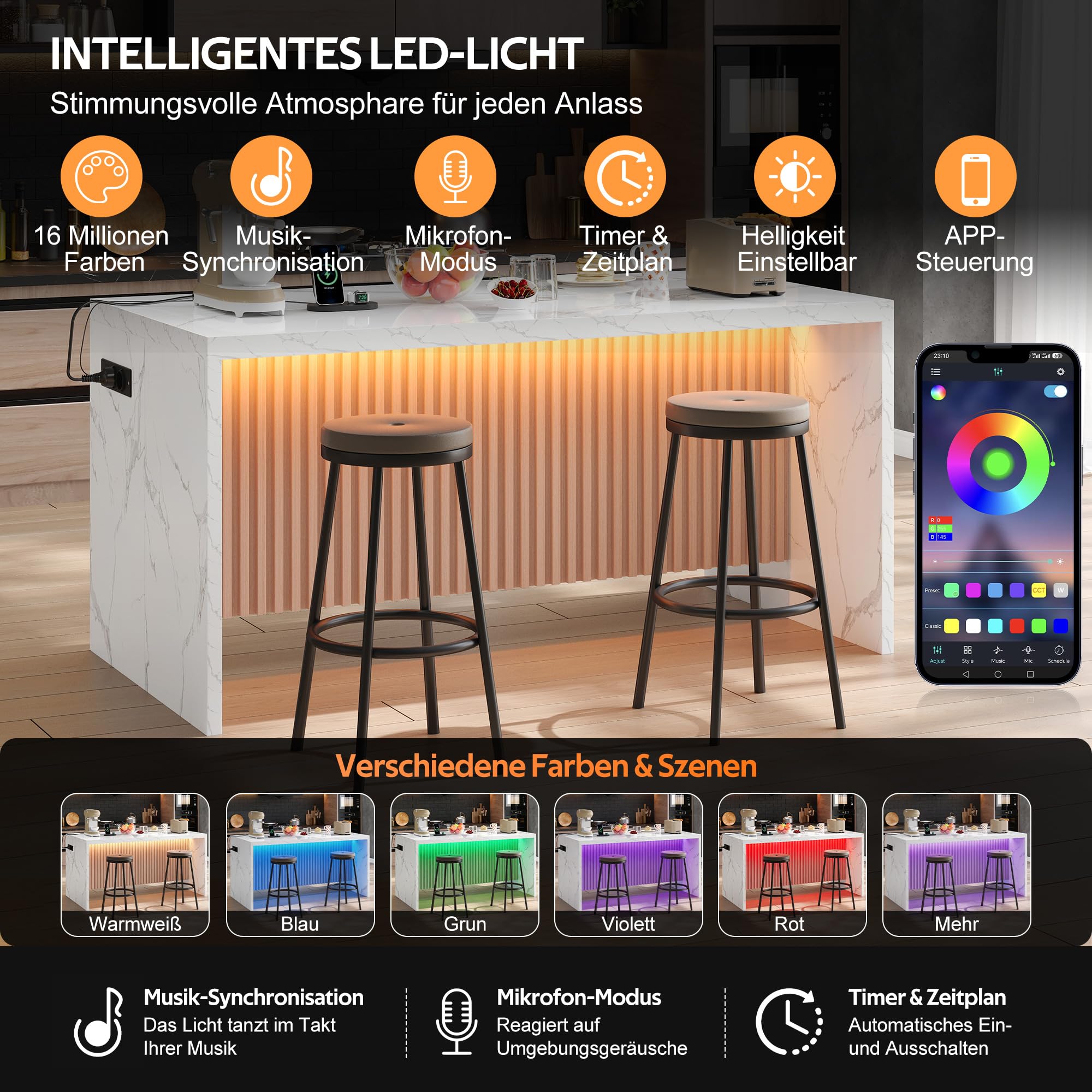 Merax Isola da cucina autoportante con piano di lavoro frontale in marmo da 40 mm, isola da cucina con LED, presa 2 prese, 2 USB, moderno tavolo da bar per cucina, sala da pranzo, 155 x 80 x 90 cm