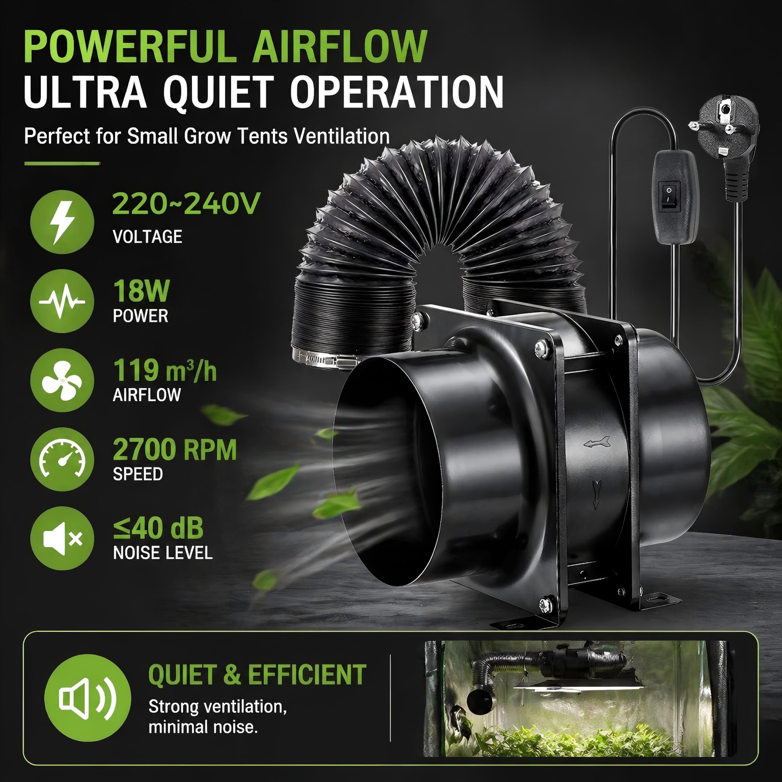100mm Extracteur d'Air de Ventilation, 119m³/h Ventilateur de Conduit pour Cave, Tente de Culture, Garage, Projet DIY avec 2m Tuyau et Colliers