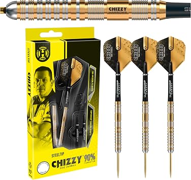 Harrows Dave 'Chizzy' Chisnall 90% Tungsten Darts Pro Player Steel Tip Darts Set | Includes Supergrip Carbon Shafts & 100 Tough Micron Chizzy Flights