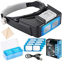 YOCTOSUN Headband Magnifier with Light & 4 Interchangeable Lenses 1.5X-3.5X - Rechargeable Hands-Free Magnifying Glasses for Crafts, Jewelry, Reading