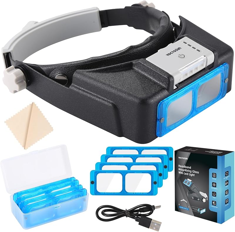 Lupas con luz para trabajo cercano, lupa con diadema de 1,5X-3,5X | Luces LED recargables, 4 lentes, visera de lupa manos libres para joyerías, manualidades, reparación, costura, pasatiempos
