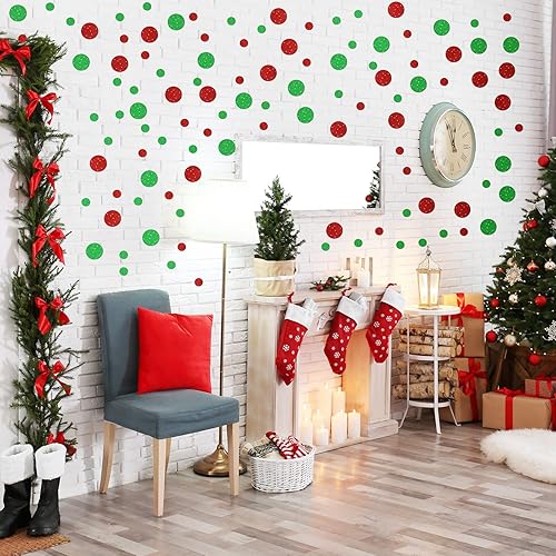 Miniatura 6 de 120 calcomanías de pared navideñas de vinilo verde lima y rojo, calcomanías de pared de lunares con purpurina para niños y niñas, decoración