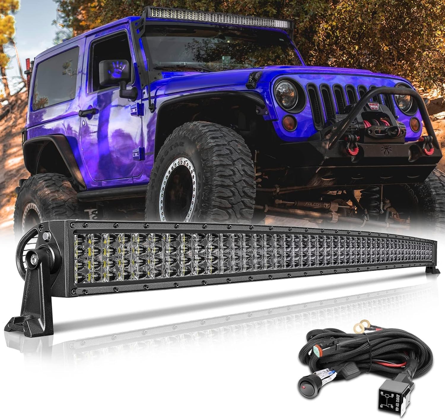 Lumimotor 50" Curved LED Light Bar with Wiring Harness 768W Spot Flood Combo Off Road Driving Light Quad Row Curve LED Roof Light Kit for Truck Pickup Ford Chevy Ram Jeep Golf Cart Boat