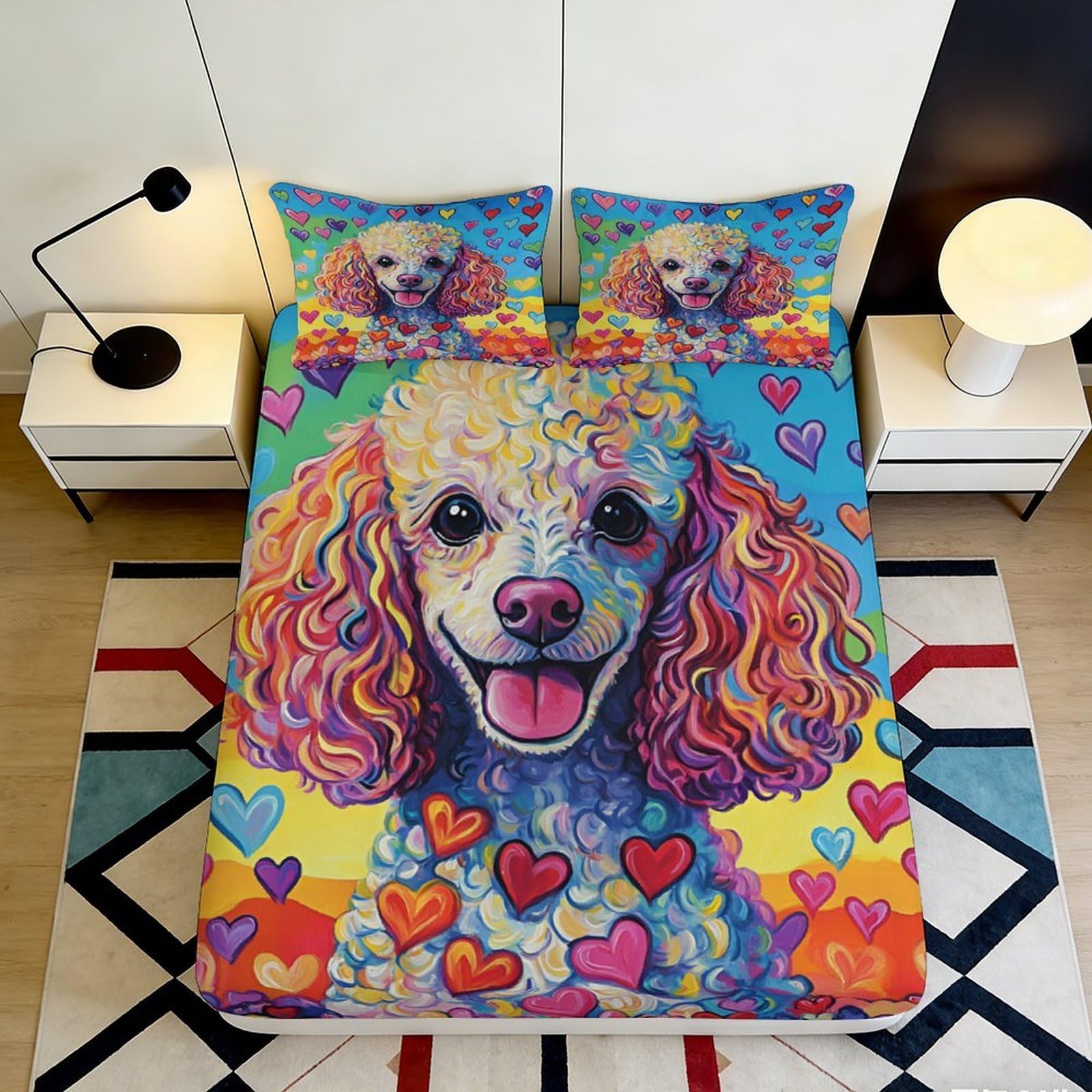 Dhbaneiok Style-6 3D Printed Colorful Poodle Fitted Sheet Microfiber Bedroom Decor Heart Pattern Mattress Cover For Home Guest Room 90X200x25cm