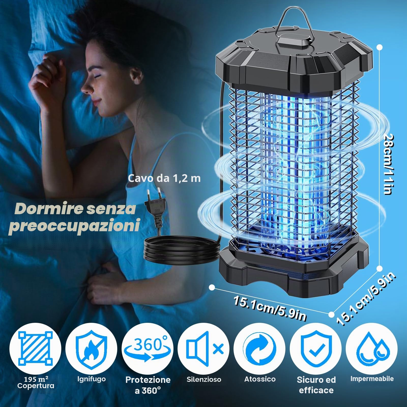 GIBOHOM Lampada Antizanzare, 4200V 18W UV Zanzariera Elettrica Efficace Portata 190 M², Lampada Zanzare Impermeabile IP44 Non Tossico Ecologico, Lampada Anti-zanzara per Interni, Esterni, Giardino