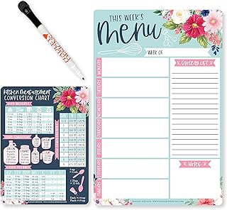 Hadley Designs Weekly Meal Planner Dry Erase Board for Refrigerator, Floral Magnetic Weekly Menu Board for Kitchen Conversion Chart, Meal Planner for Refrigerator, Magnetic Menu Board for Fridge