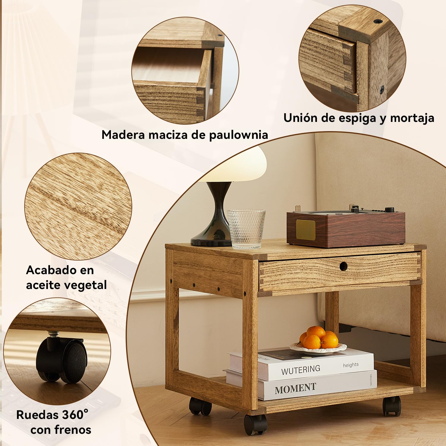 KIRIGRN Estantería Para Impresora De Madera De Paulownia Con Ruedas, Base De Impresora Con Cajón Y Compartimento, Soporte Móvil Con Espacio De Almacenamiento