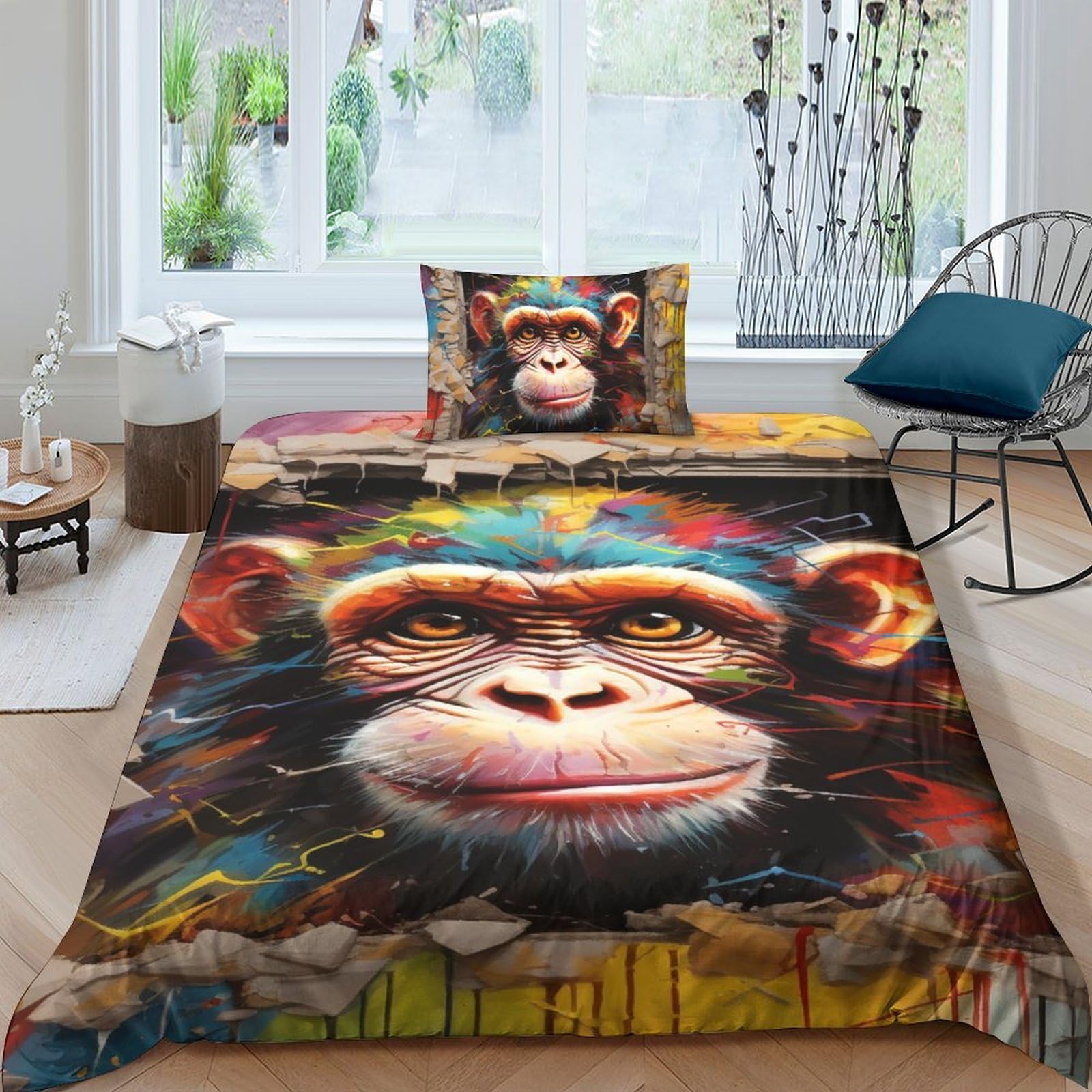 Parure de lit 3D monkey animals breaking through walls en microfibres